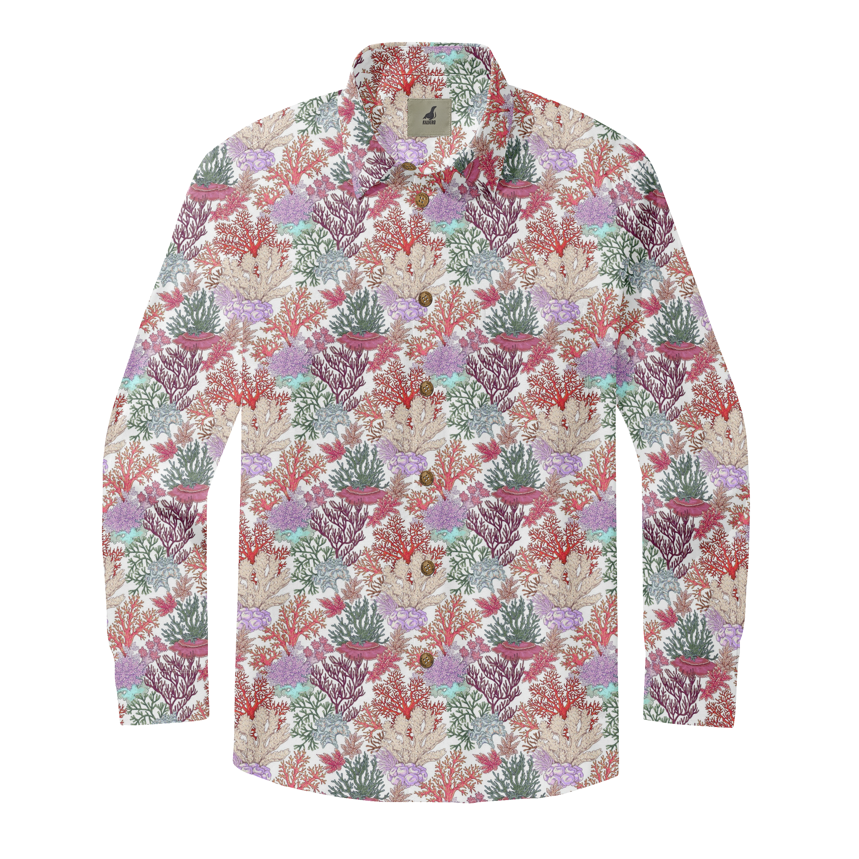 Colorful coral print long-sleeve shirt with buttons.