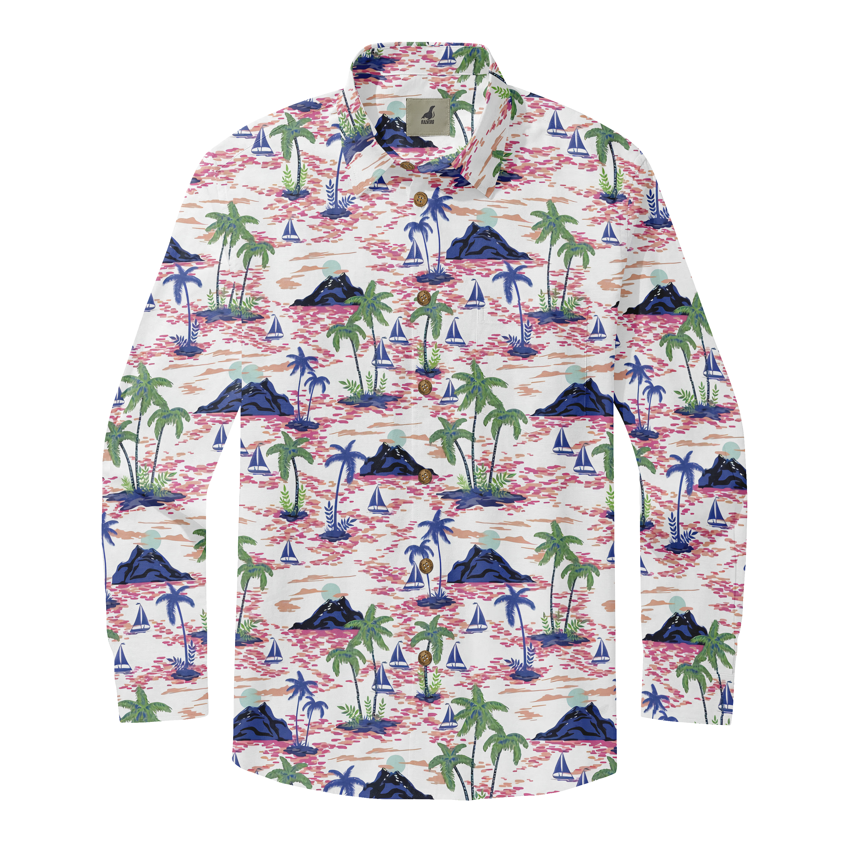 White shirt with palm trees, boats, and mountains print.