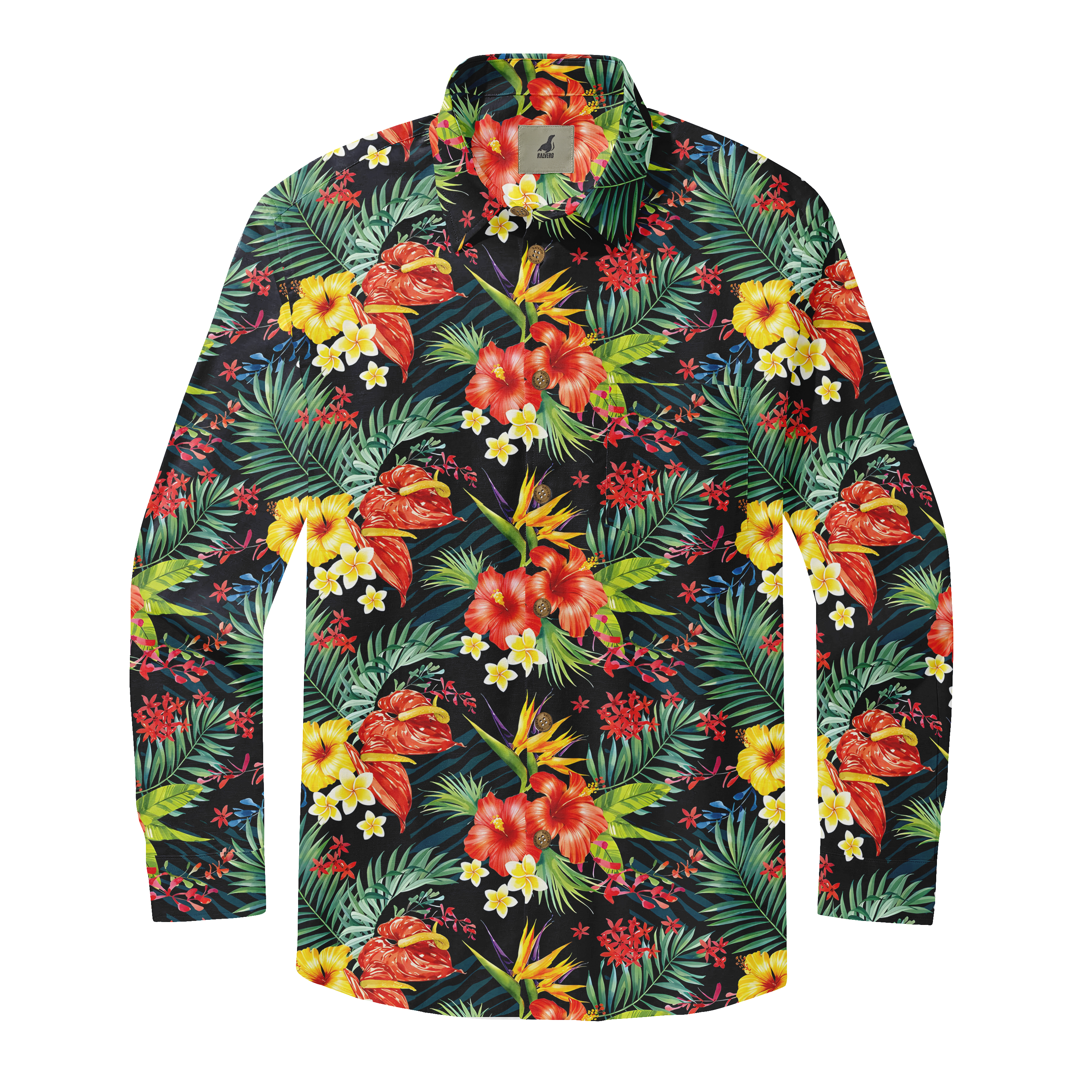 Vibrant tropical floral shirt with bold red, yellow, and green.