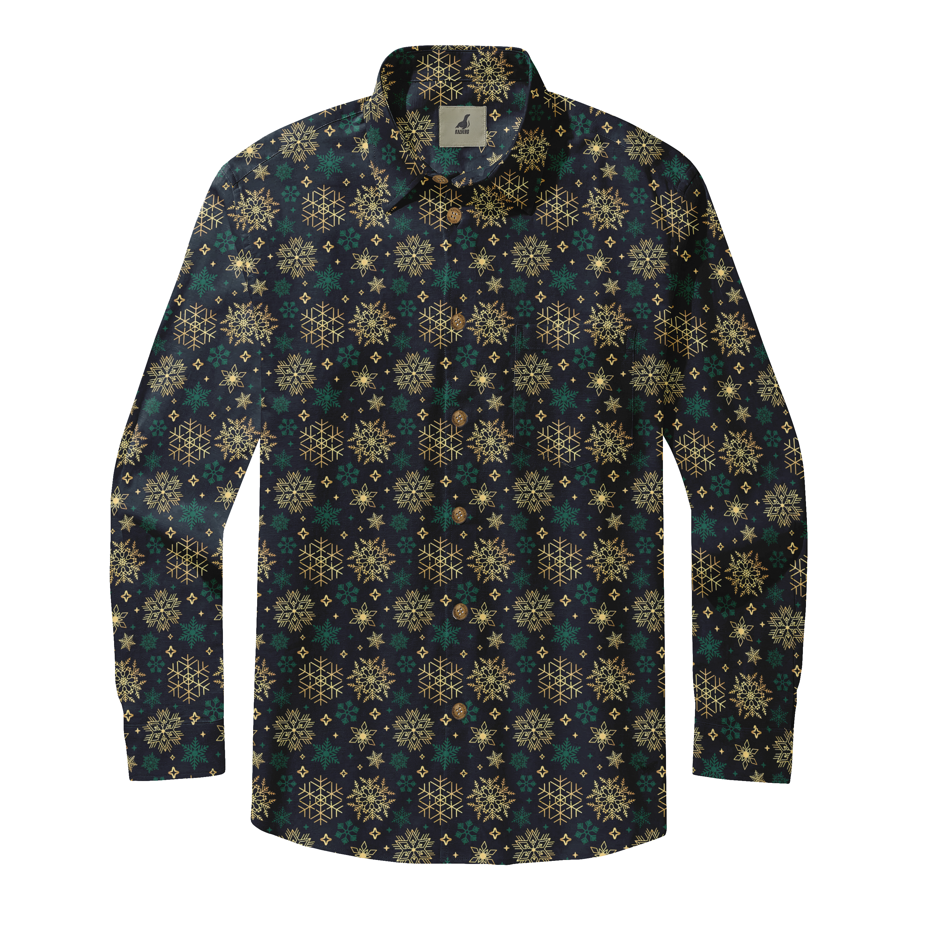 Dark blue shirt with gold and green snowflake pattern, featuring.