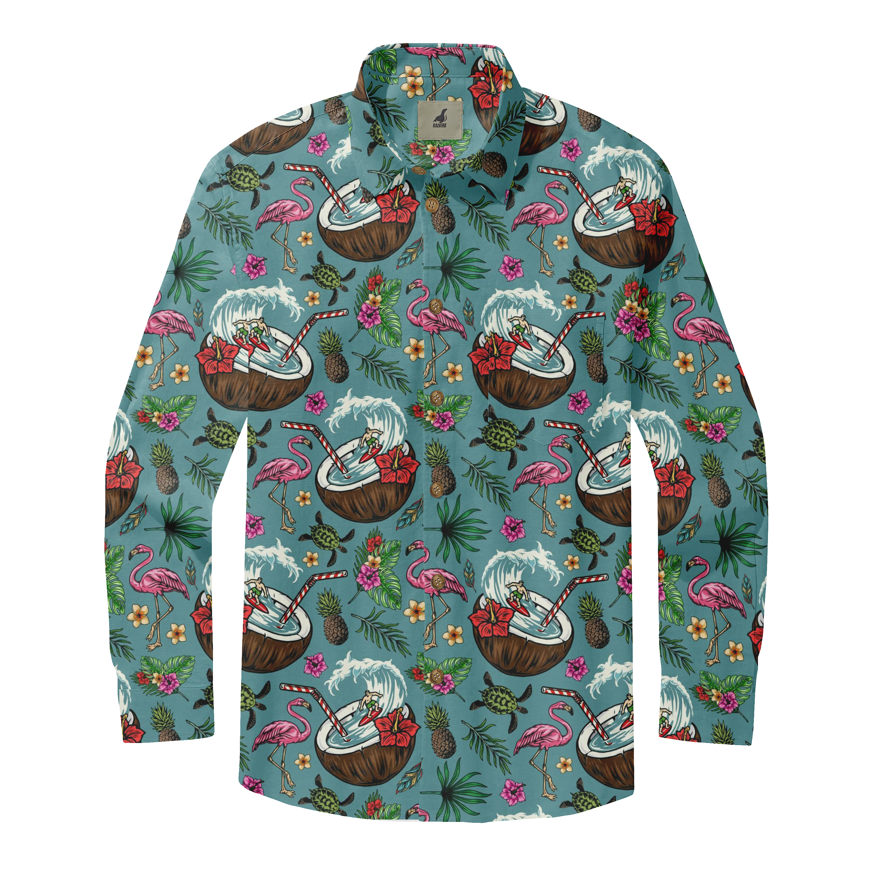 Tropical print shirt with flamingos, coconuts, pineapples.