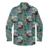 Tropical print shirt with flamingos, coconuts, pineapples.