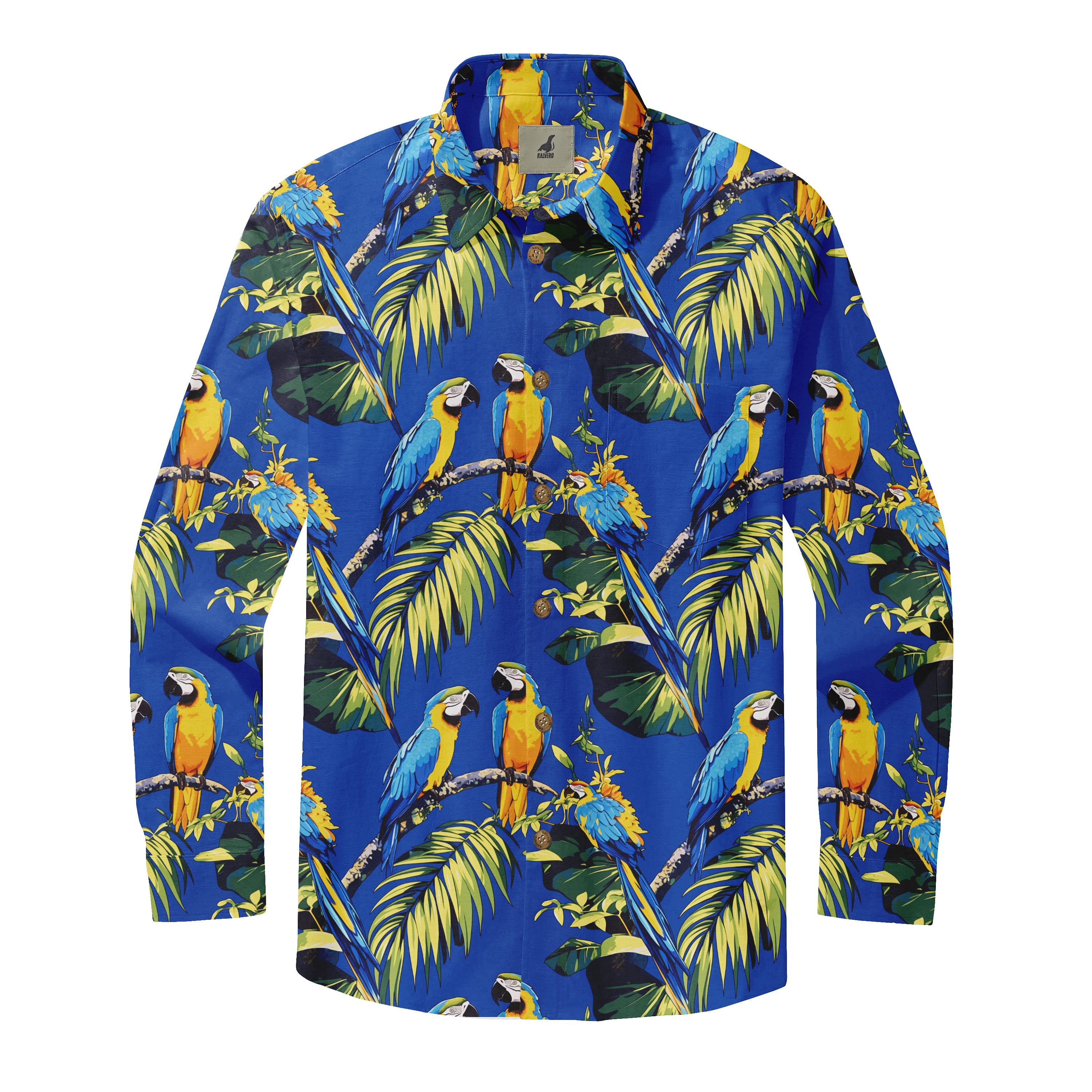 Vibrant blue shirt with colorful parrot and tropical leaf pattern.