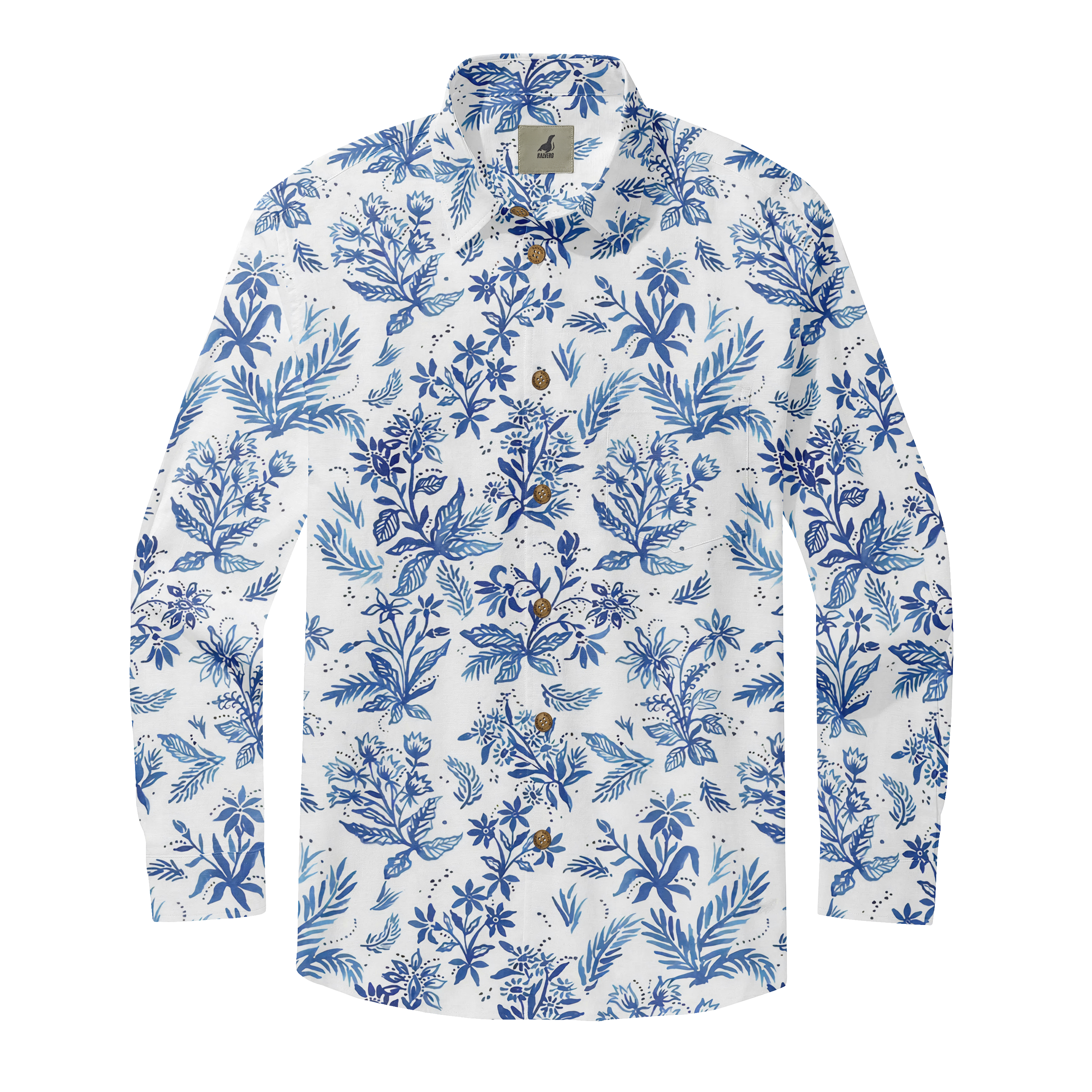 White shirt with blue floral pattern and brown buttons.