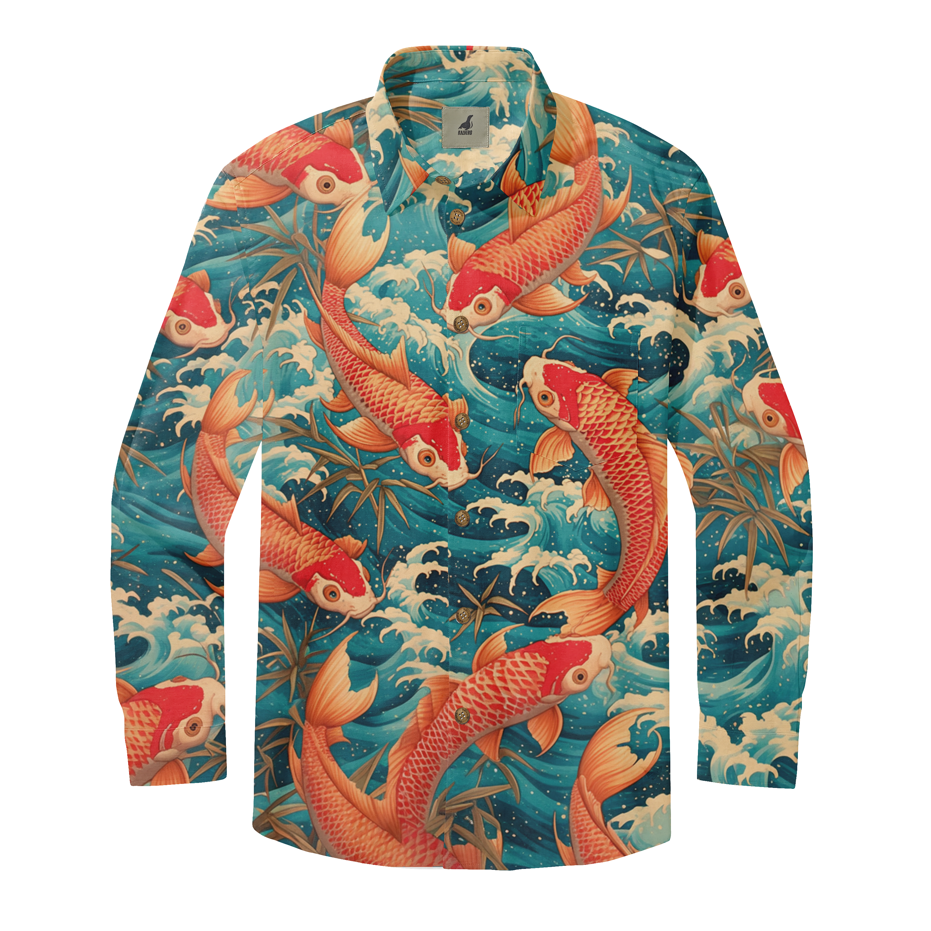 Vibrant long-sleeve shirt featuring koi fish swimming in waves with.
