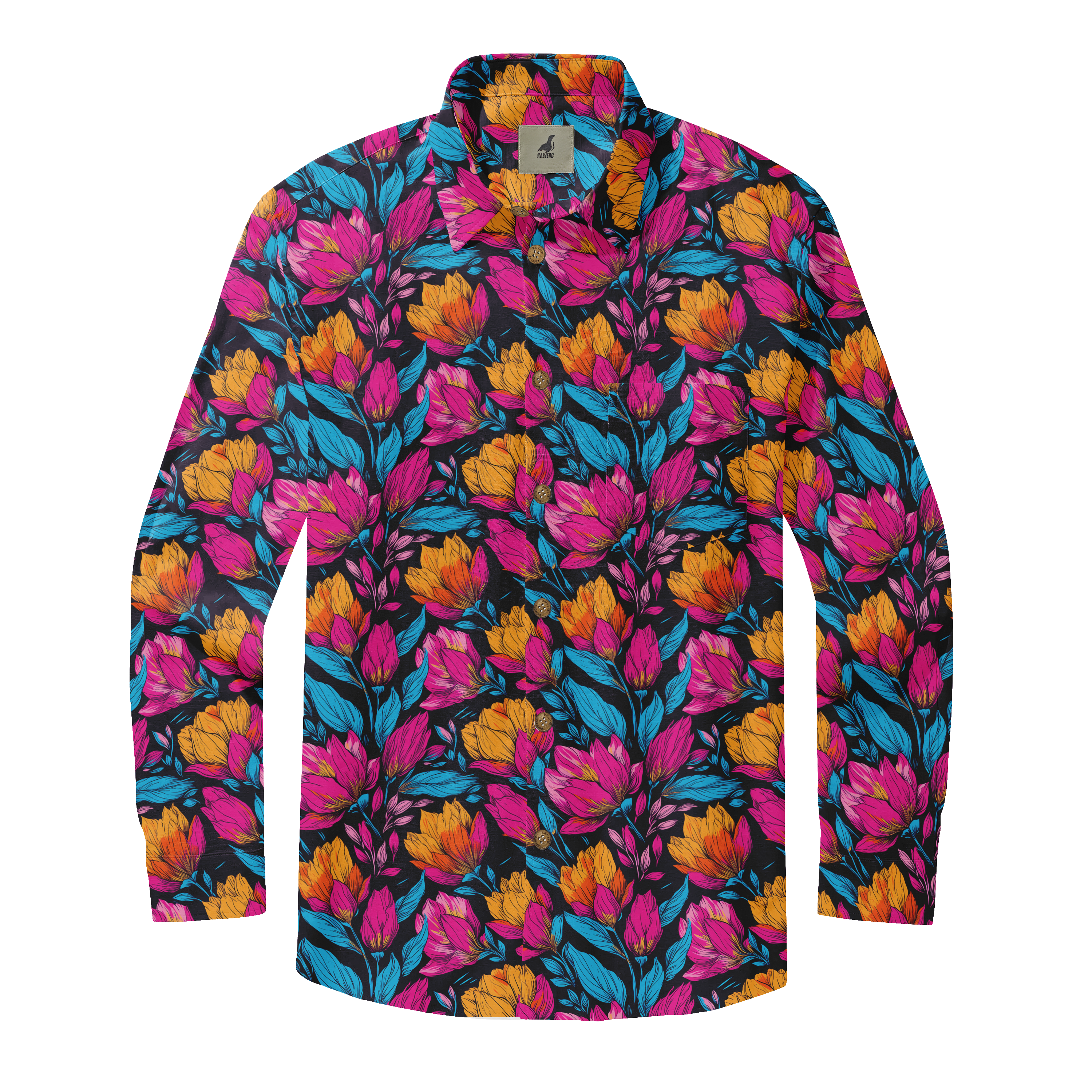 Vibrant floral shirt with bold pink, orange, and blue patterns.