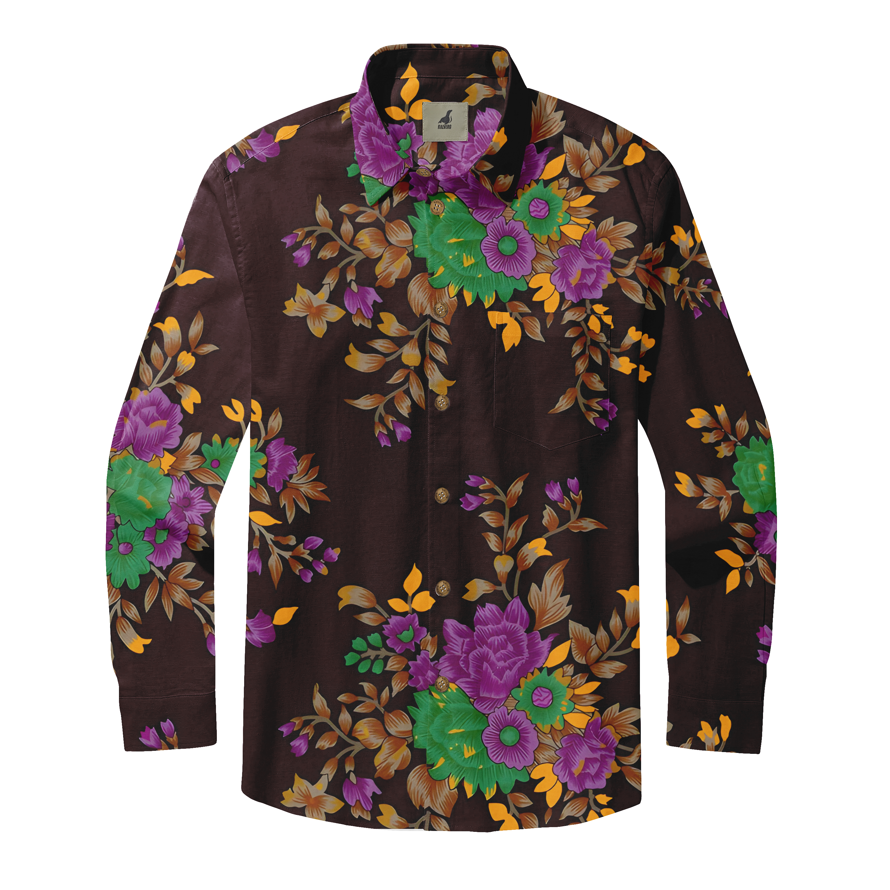 Dark brown long-sleeve shirt with vibrant floral pattern in purple.