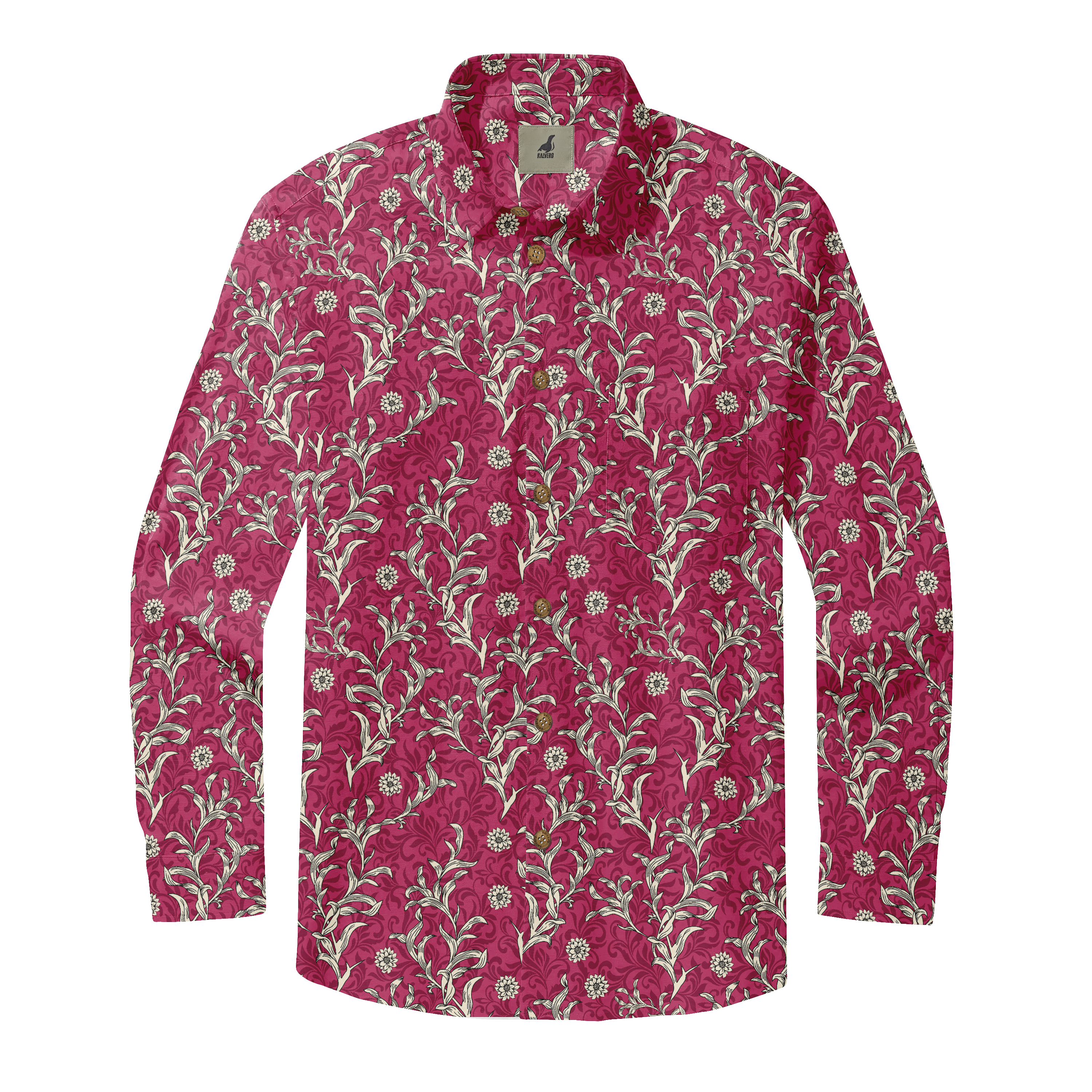 A maroon long-sleeve shirt with a white floral pattern and brown.