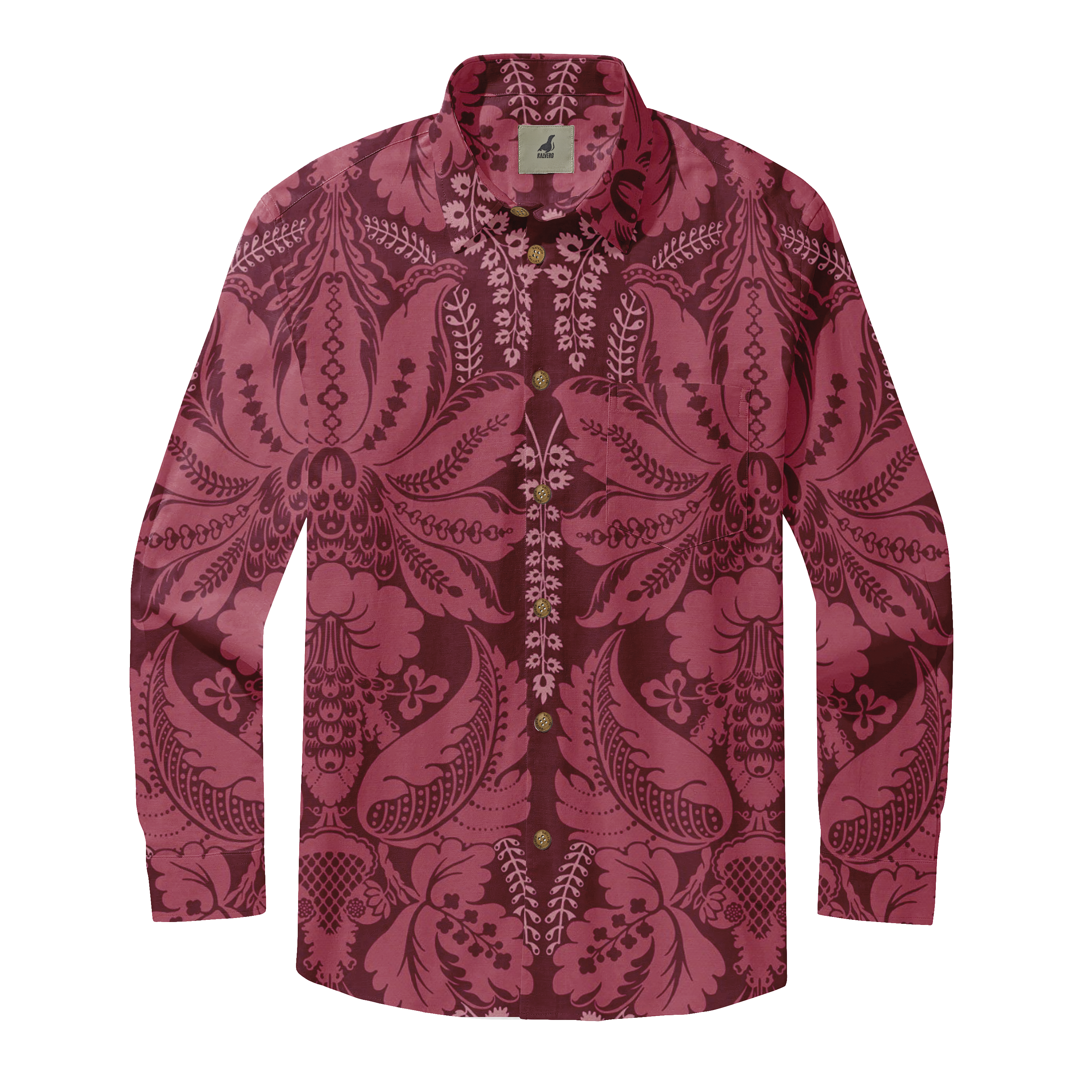 Maroon patterned long-sleeve shirt with floral and paisley design.
