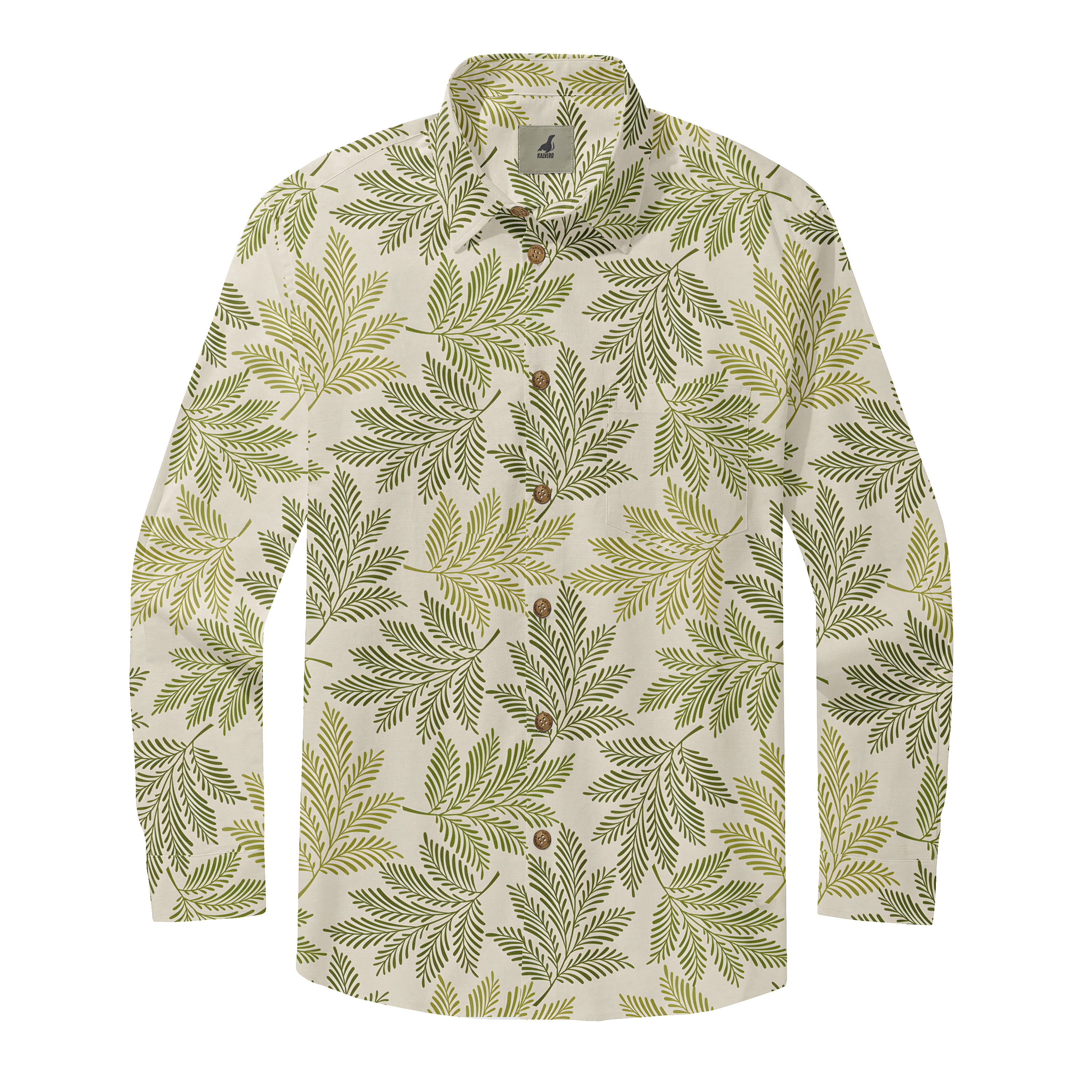 Long-sleeve button-up shirt with green leaf pattern on cream.