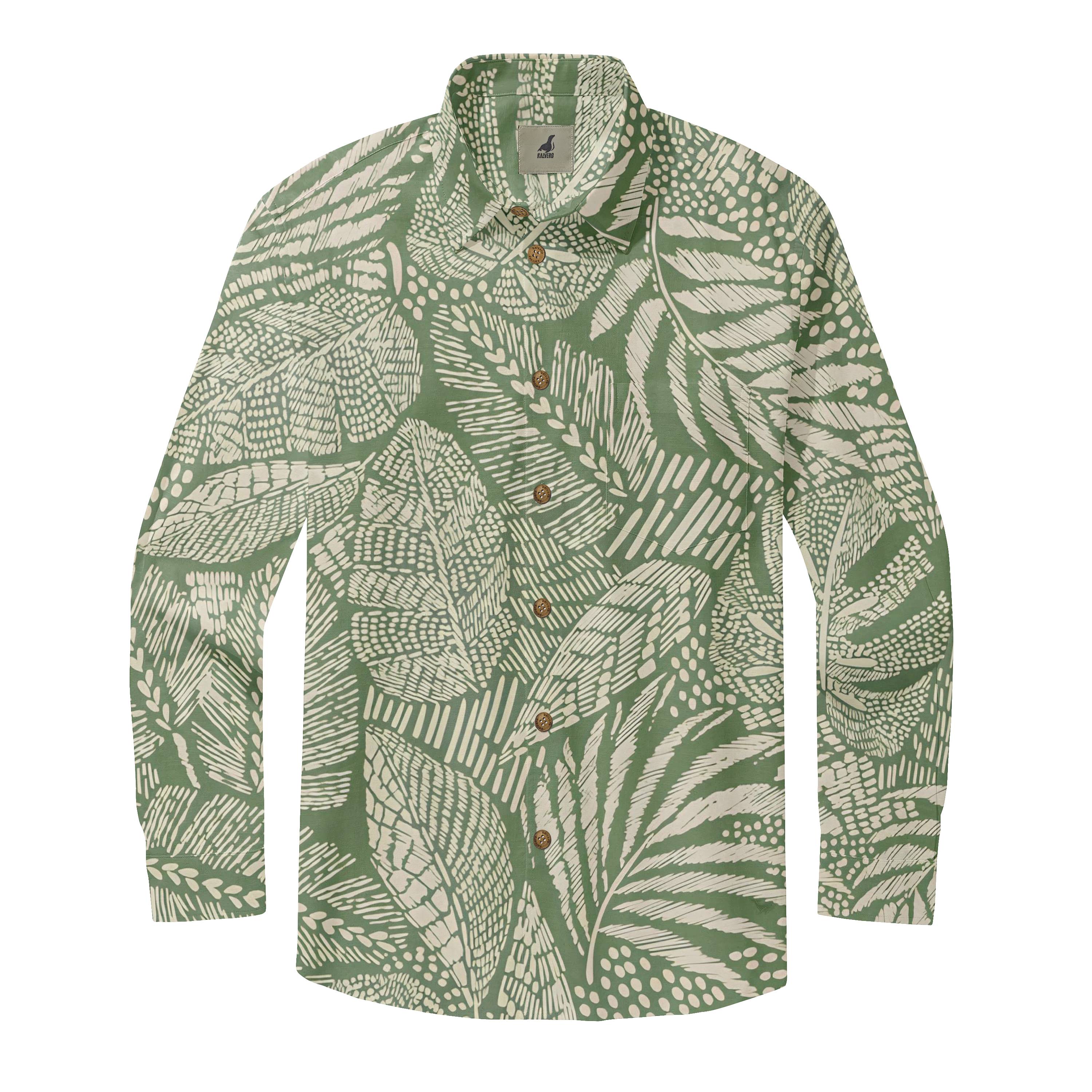 Green shirt with white leaf pattern, long sleeves, button-up.