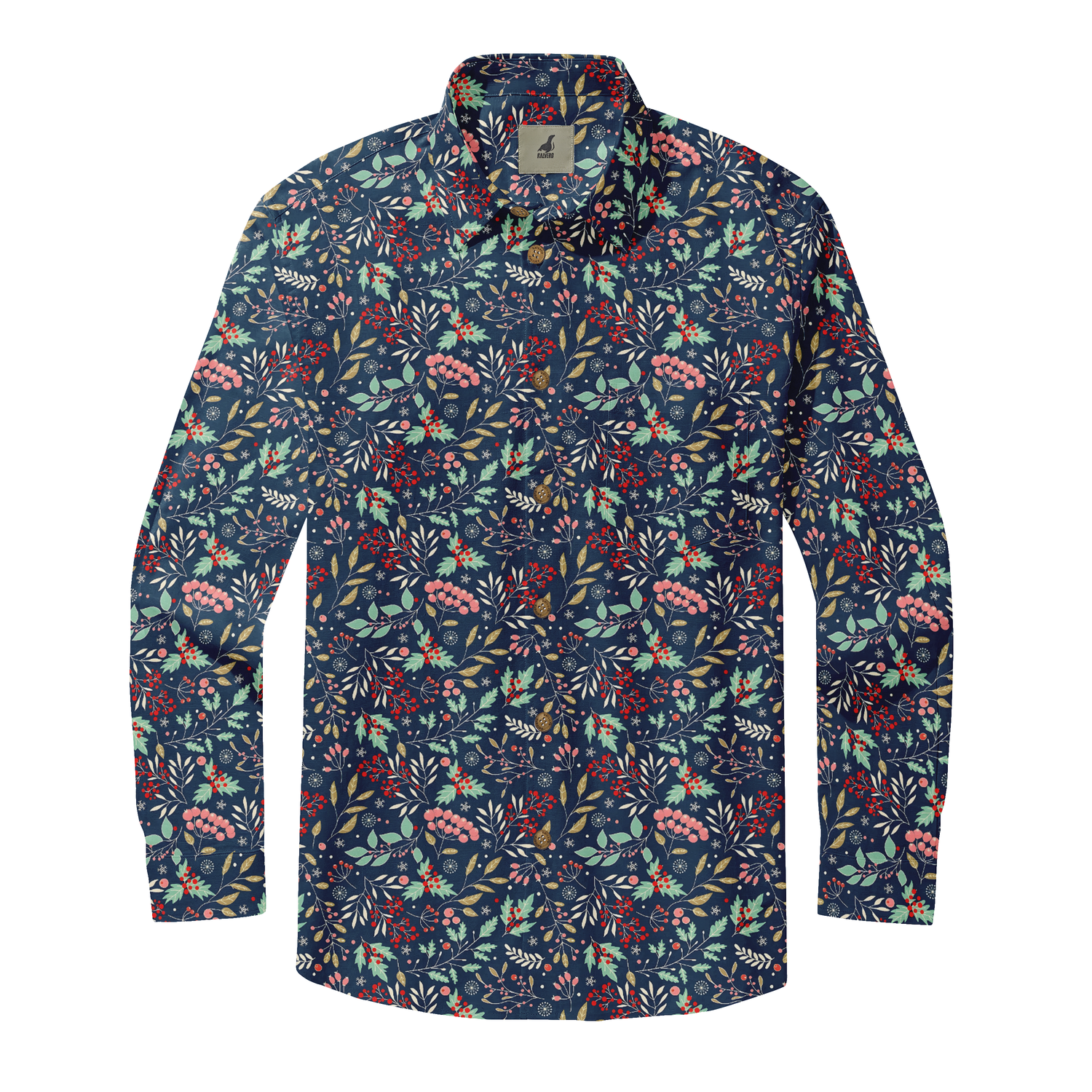 Navy blue long-sleeve shirt with floral and berry pattern, featuring.