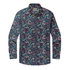 Navy blue long-sleeve shirt with floral and berry pattern, featuring.
