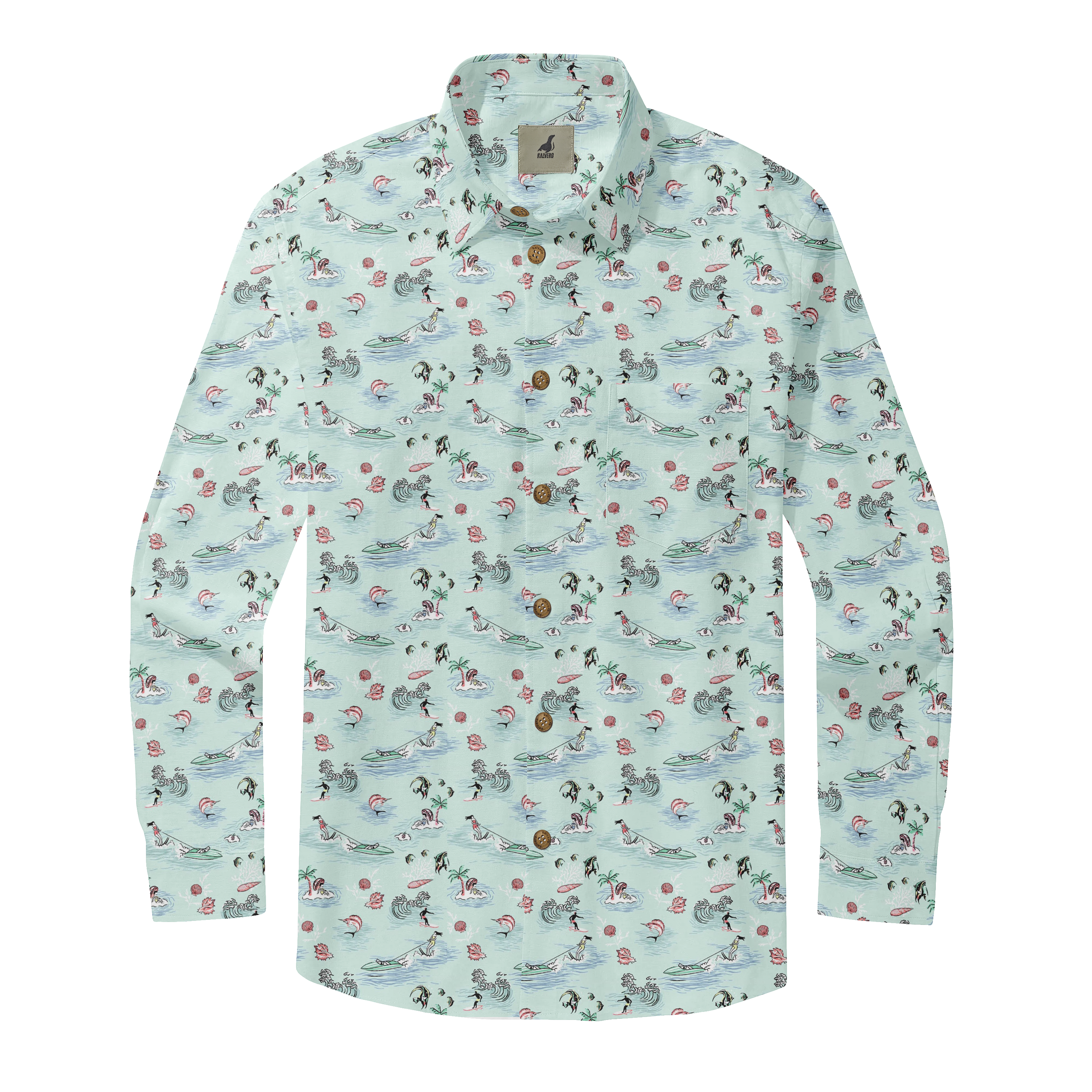 Light blue long-sleeve shirt with tropical pattern featuring palm.
