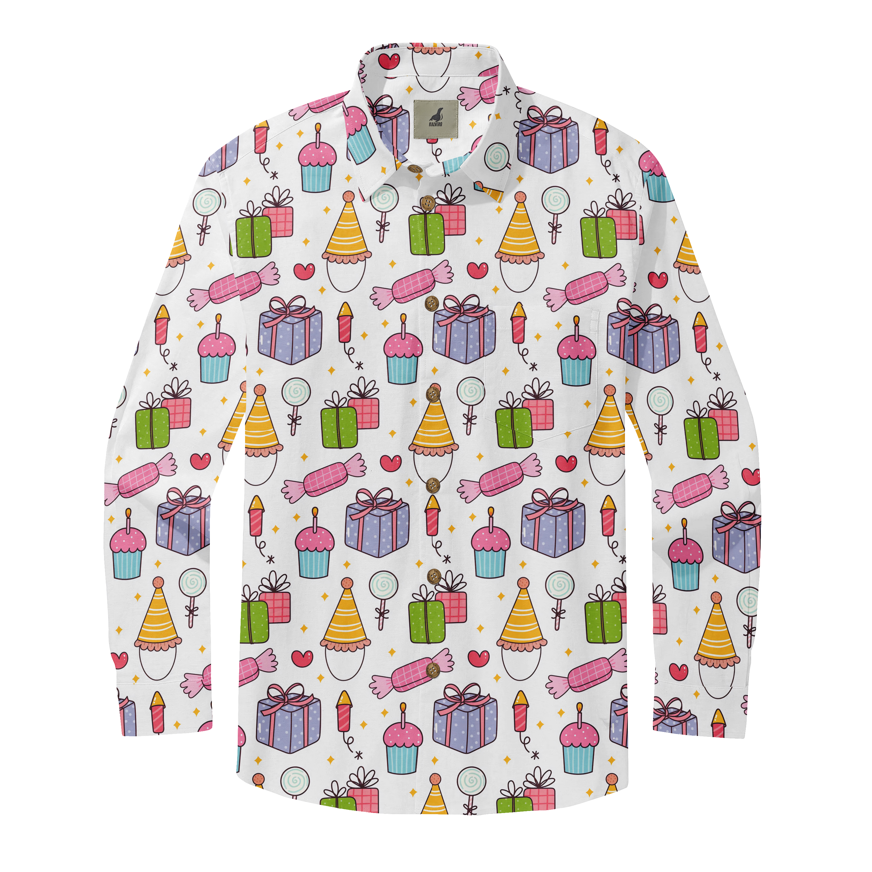 White shirt with colorful party-themed patterns.