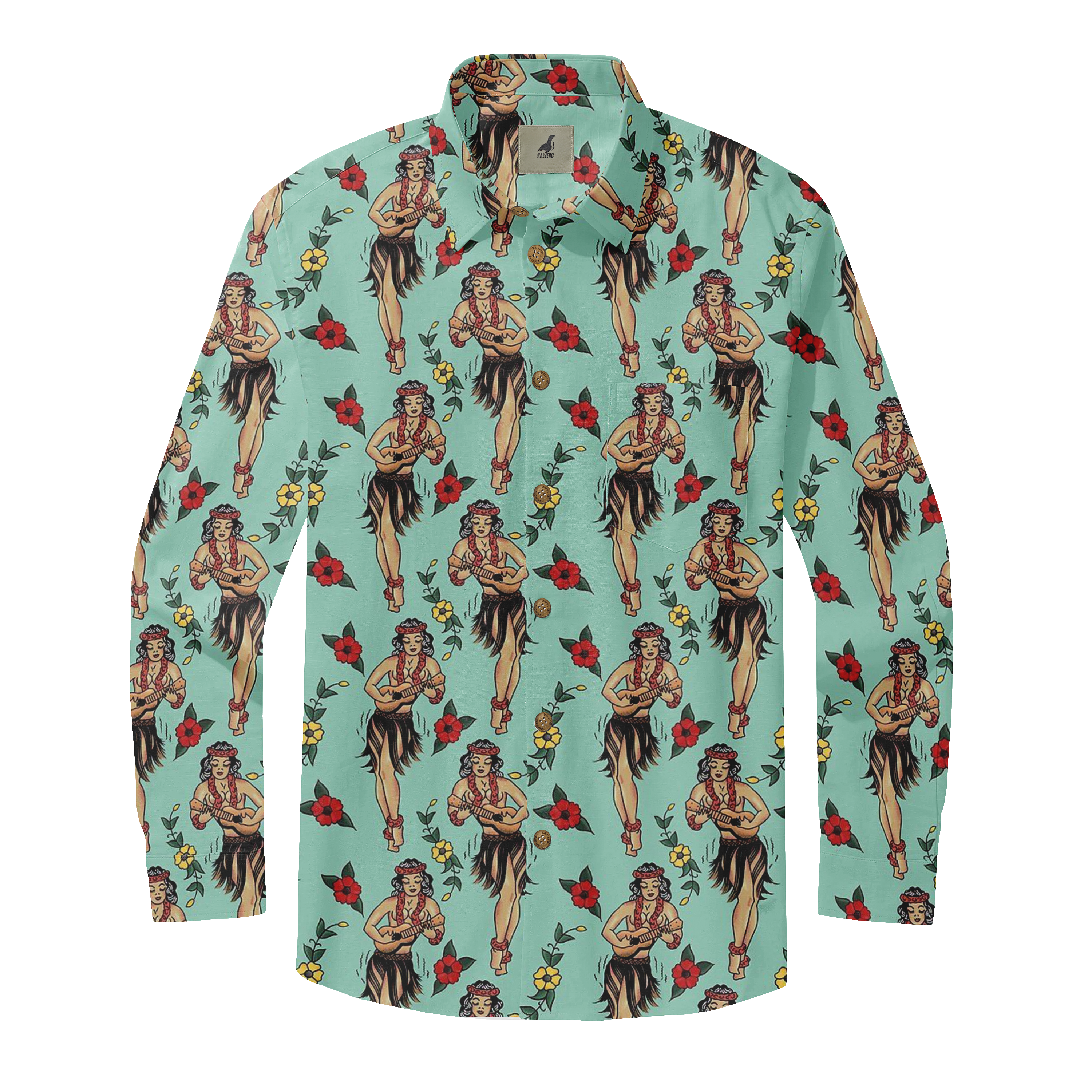 Aqua long-sleeve shirt with repeating hula dancer and floral pattern.