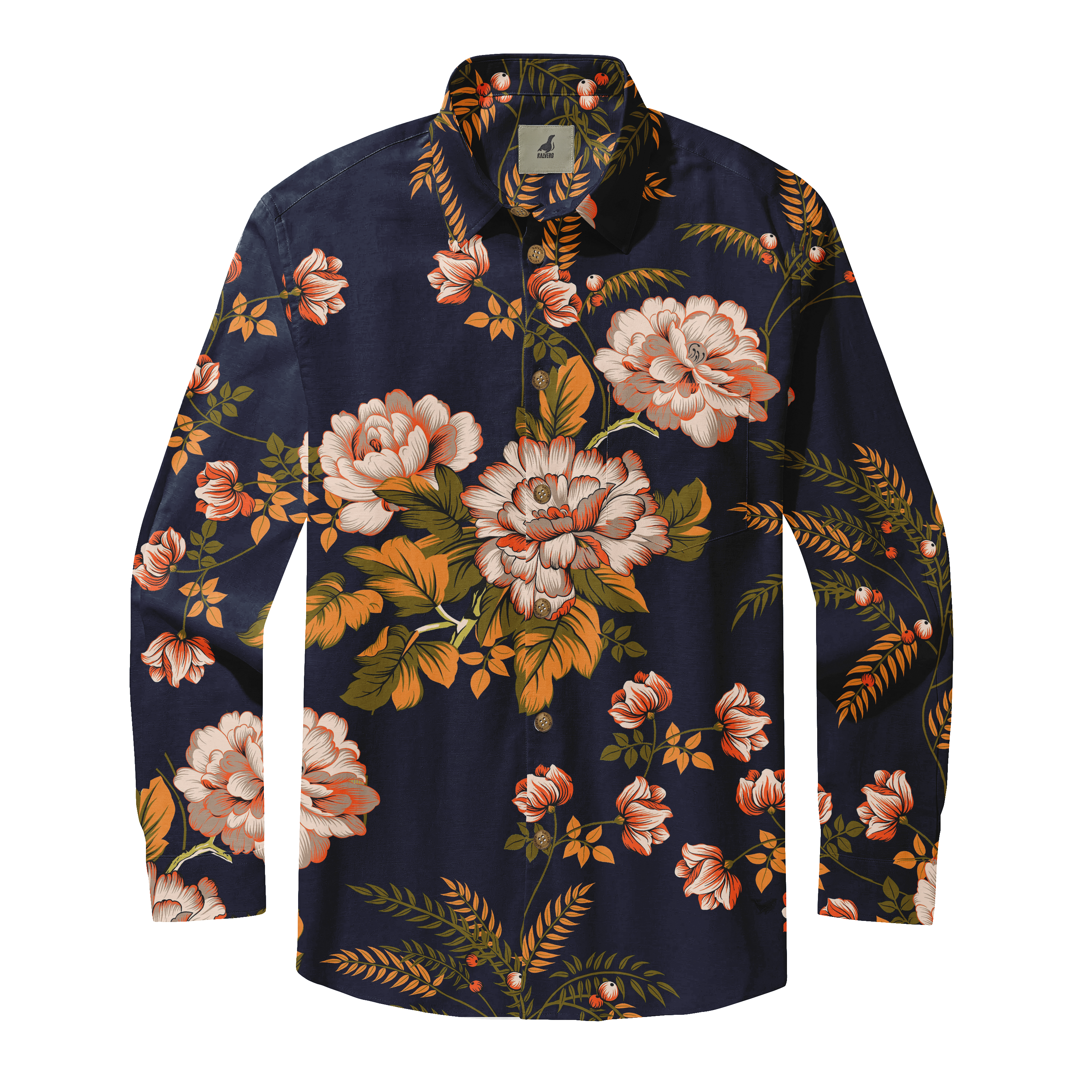 Navy blue long-sleeve shirt with vibrant floral pattern featuring.