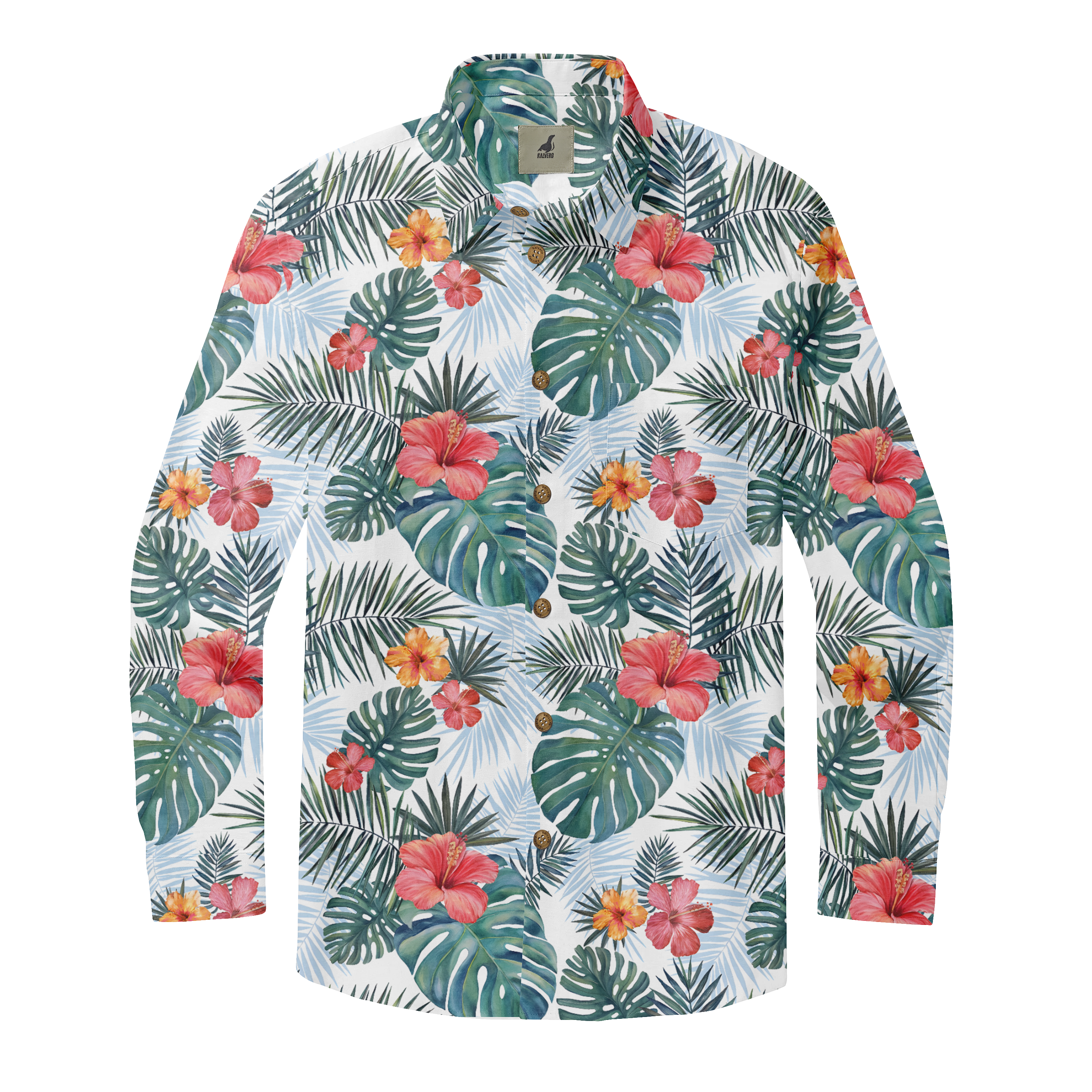 Tropical floral shirt with hibiscus and palm leaves on a white.