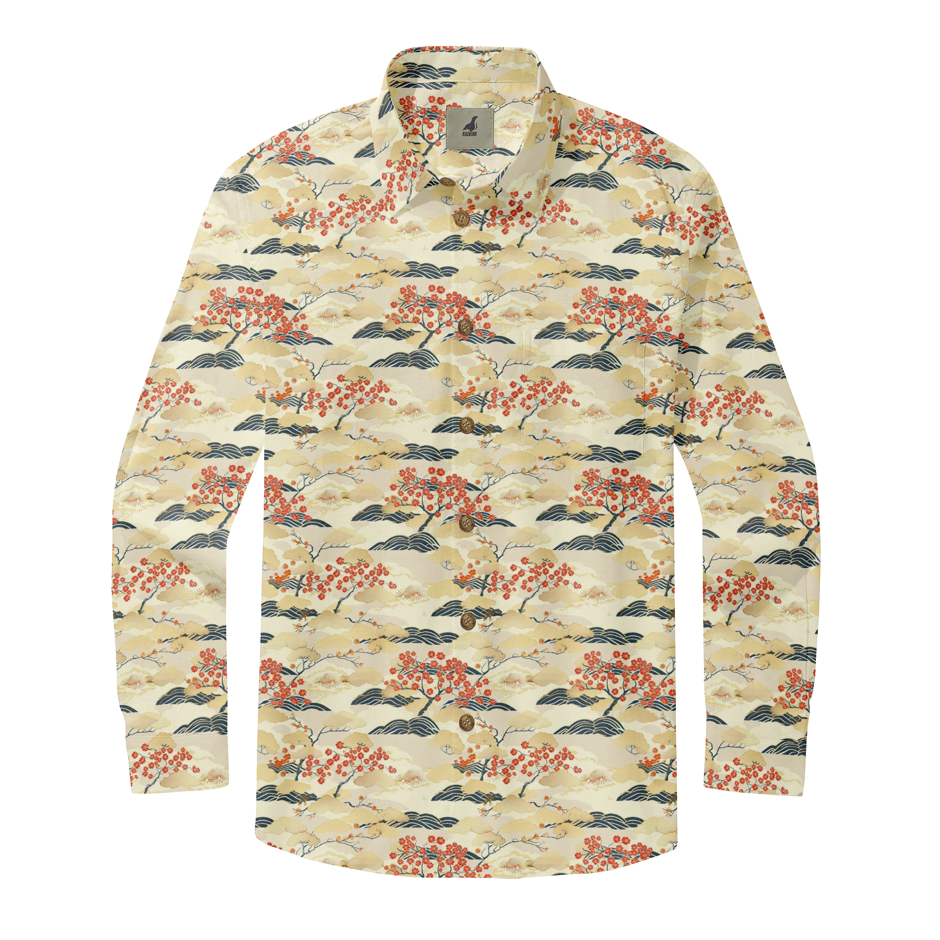 Beige shirt with red floral and blue wave patterns.