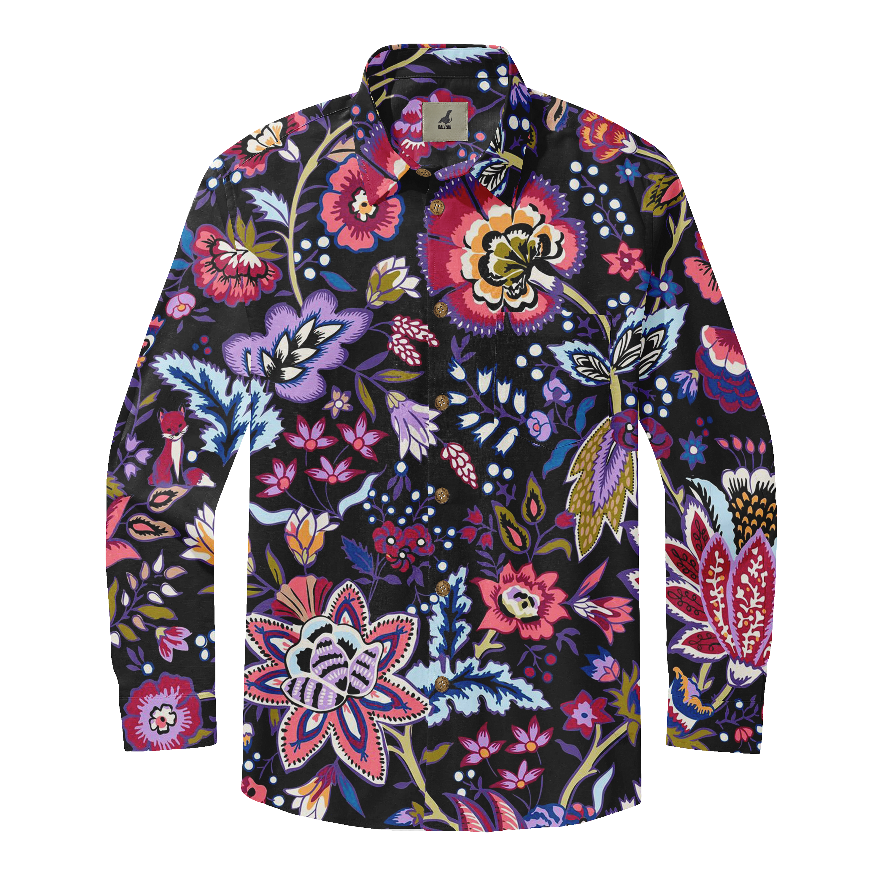 Vibrant floral-patterned long-sleeve shirt with bold colors.