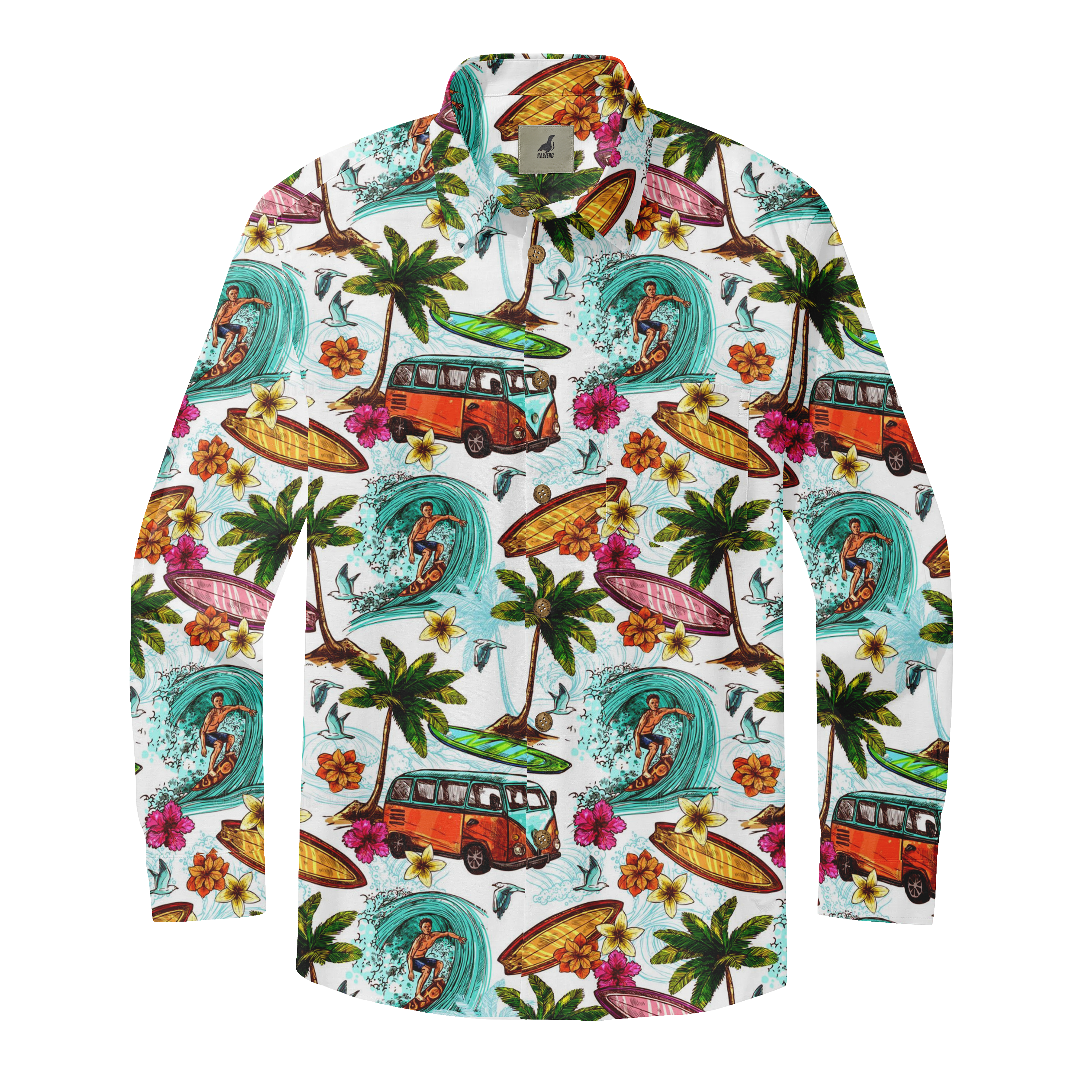 Colorful Hawaiian shirt with surfers, palm trees, vans, and flowers.