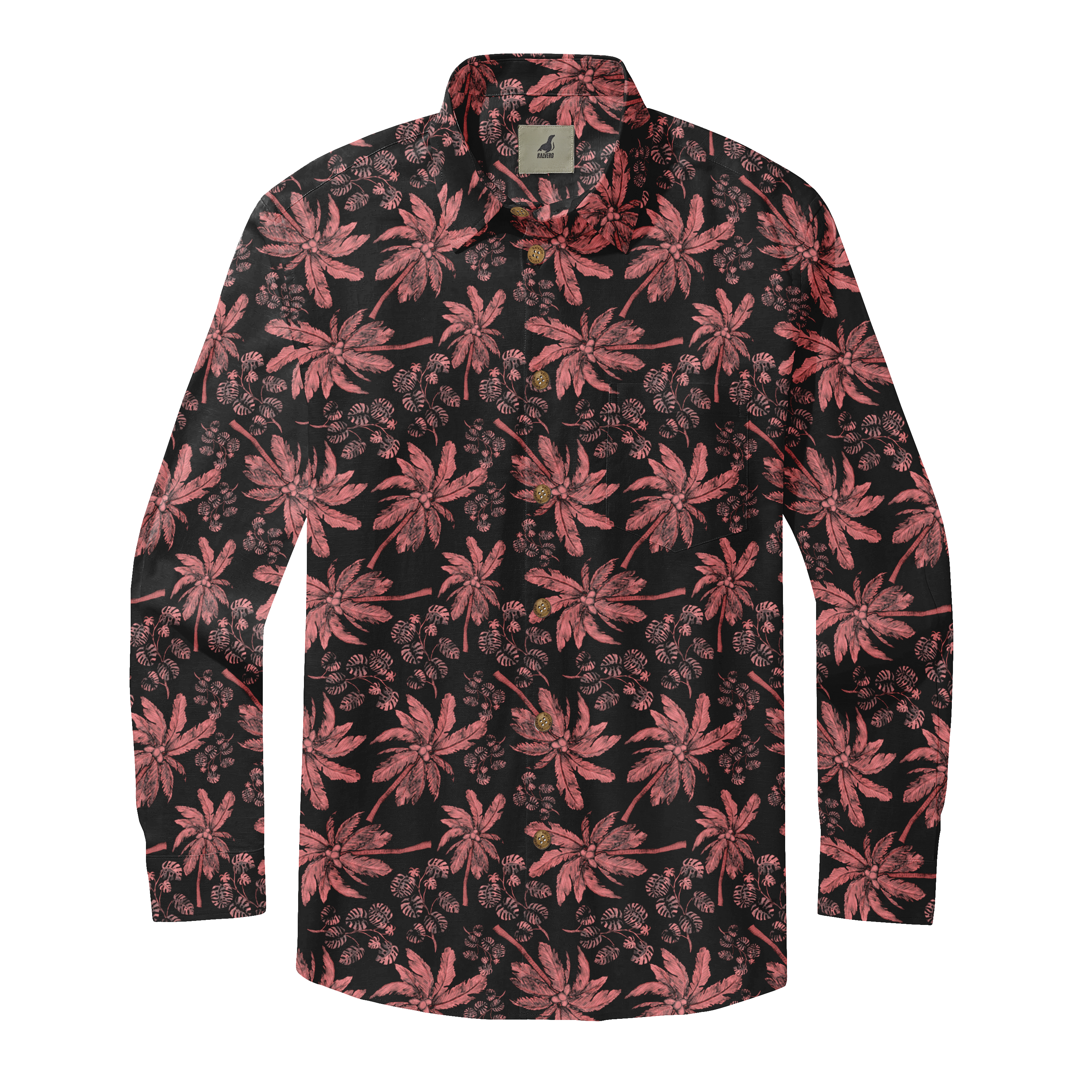Black long-sleeve shirt with red palm tree print and button-down.