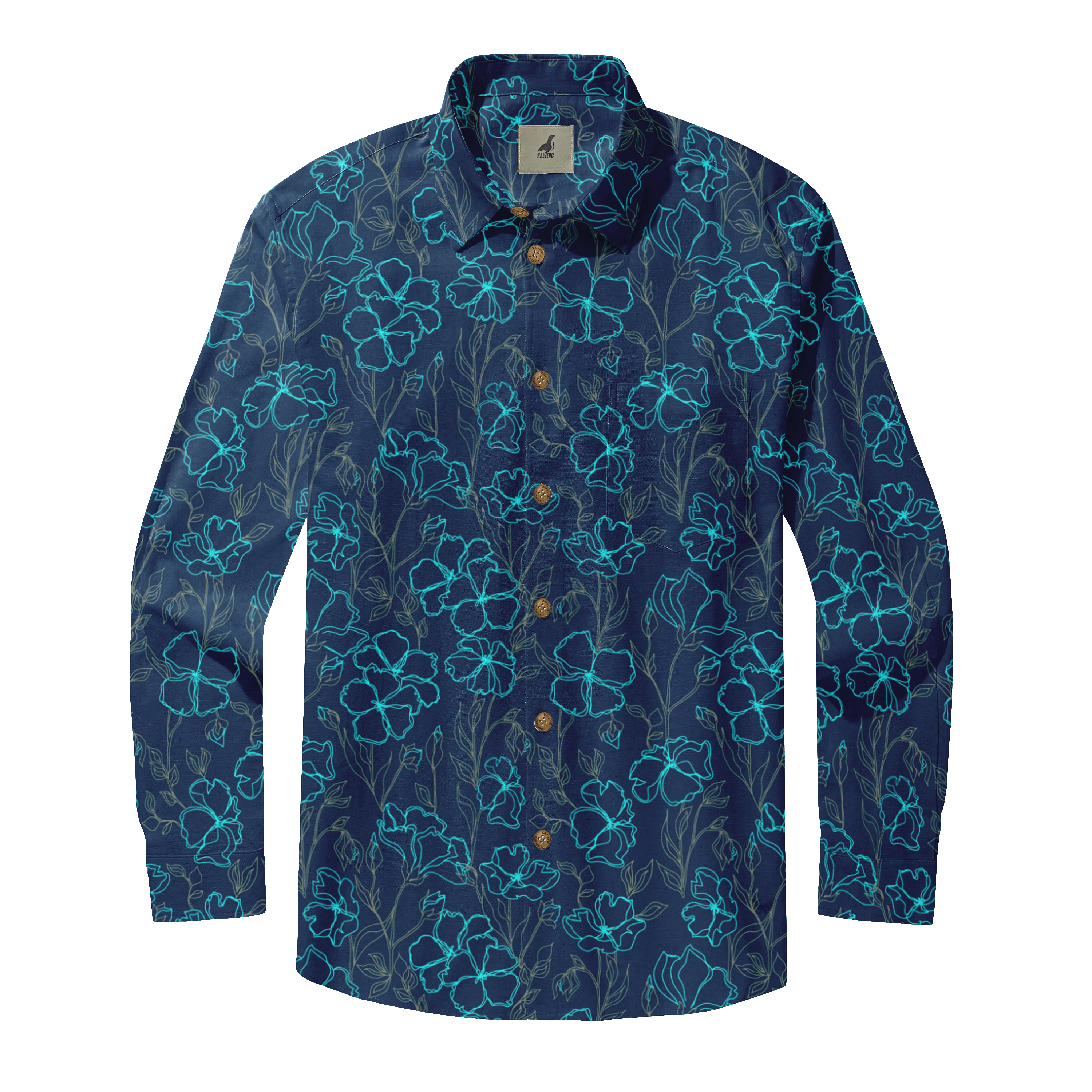 Navy blue long-sleeve shirt with turquoise floral pattern and gold.