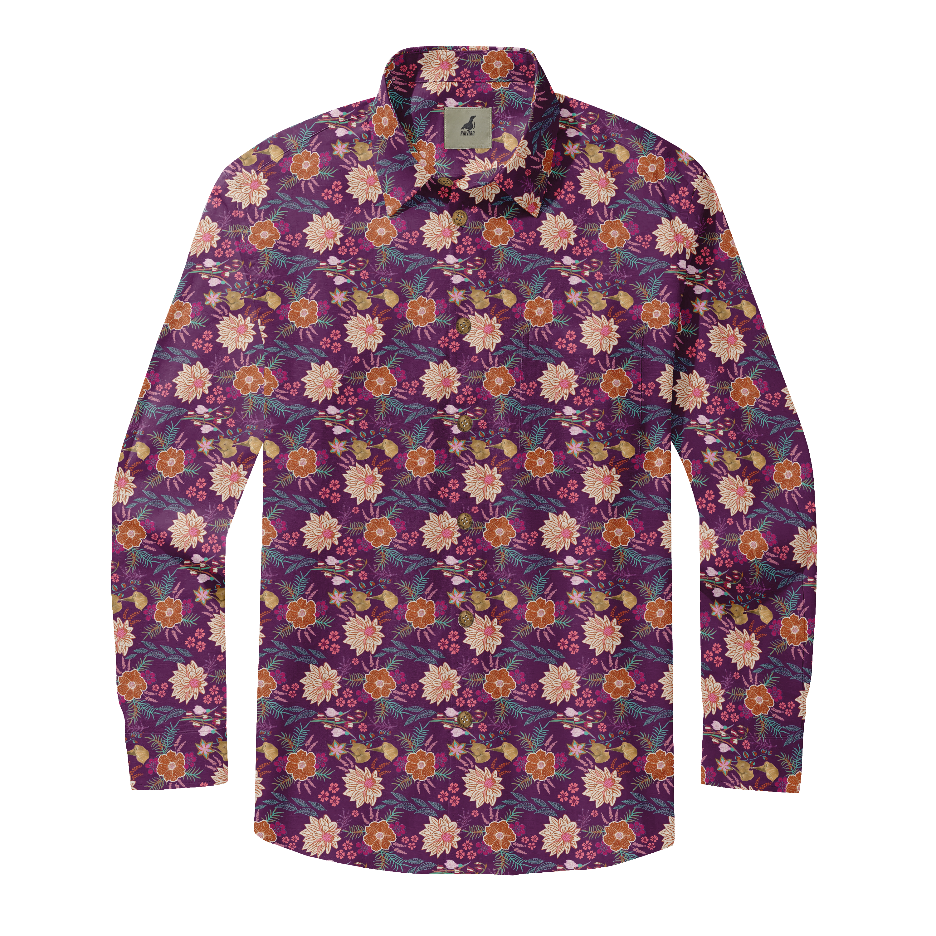 Purple floral shirt with long sleeves and collar.