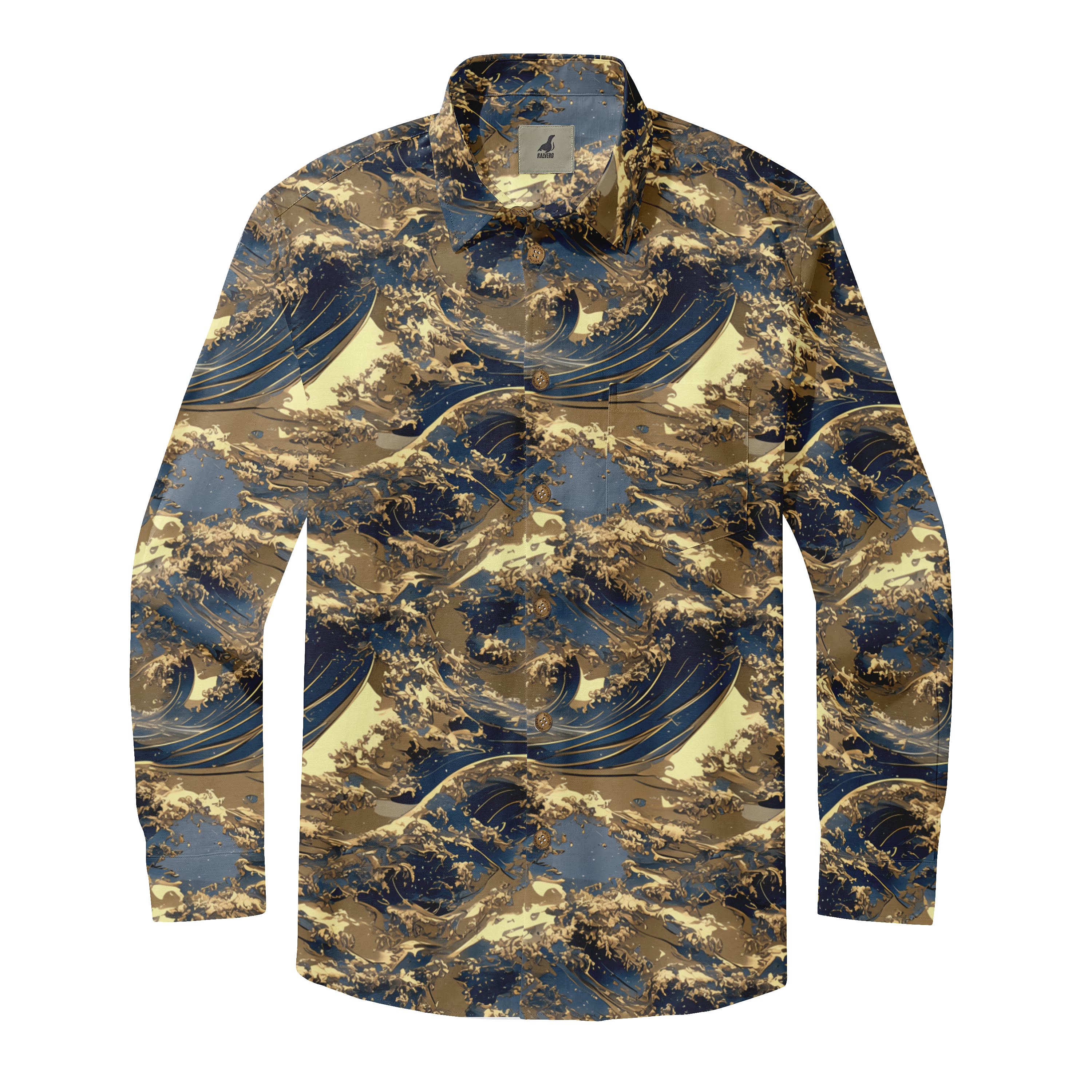 Long-sleeve shirt with wave pattern in blue, beige, and brown.