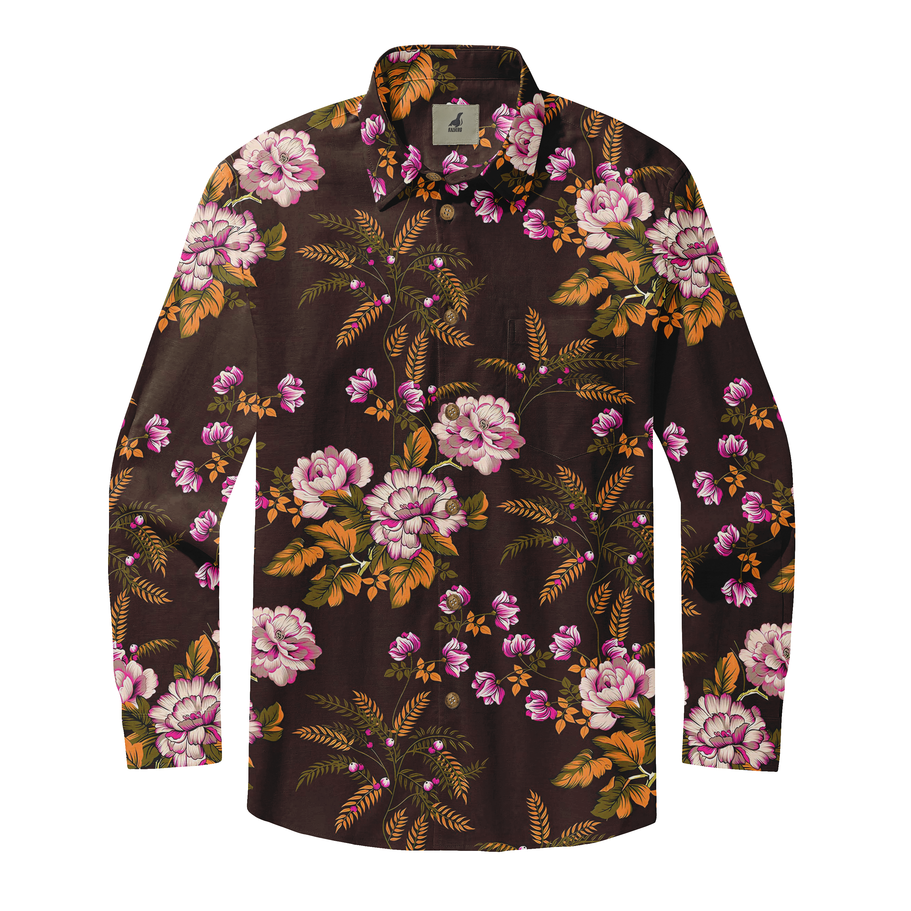 Brown floral long-sleeve shirt with pink and white flowers, green.