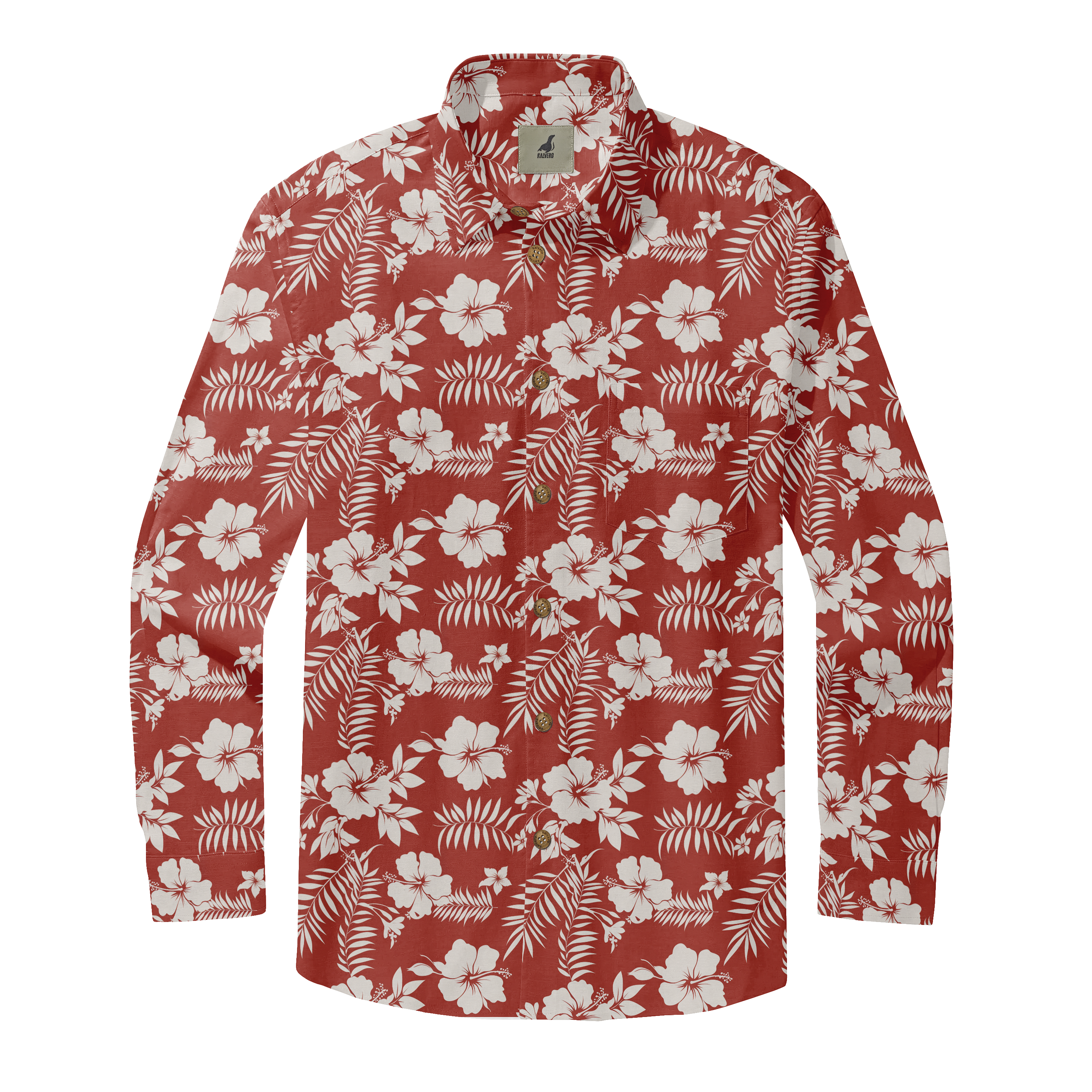 Red long-sleeve shirt with white floral and leaf pattern, button-up.