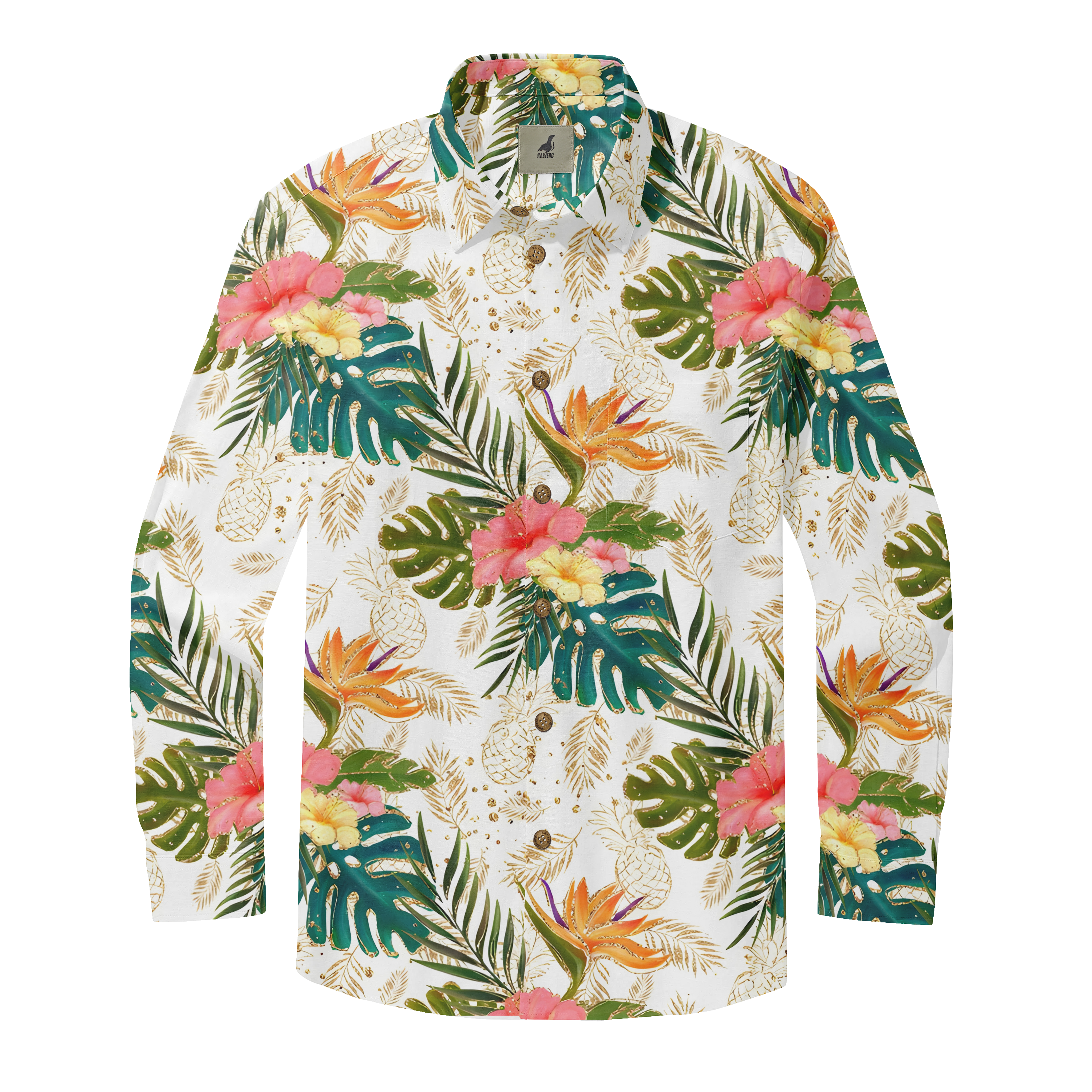 White long-sleeve shirt with tropical floral and leaf pattern.