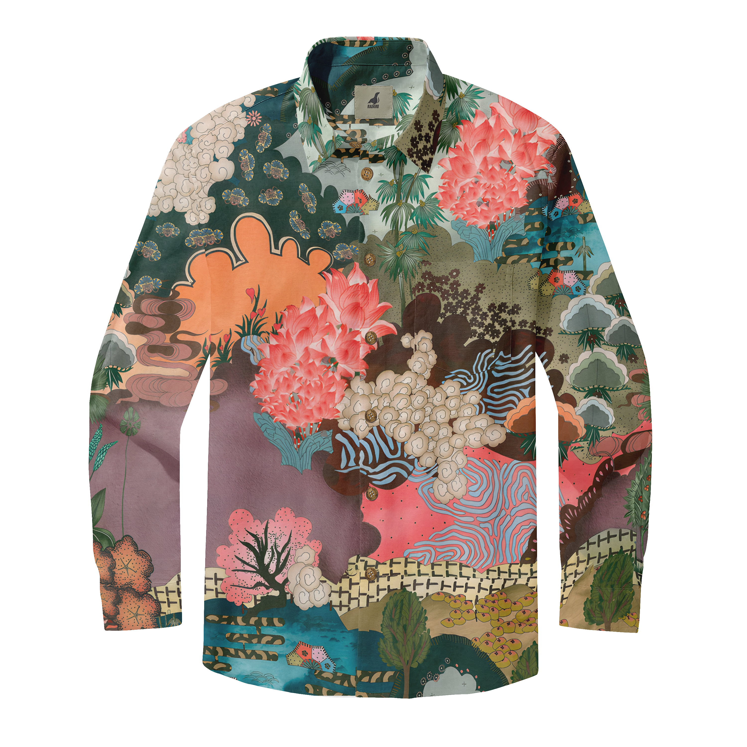 Vibrant long-sleeve shirt with intricate floral and landscape print.
