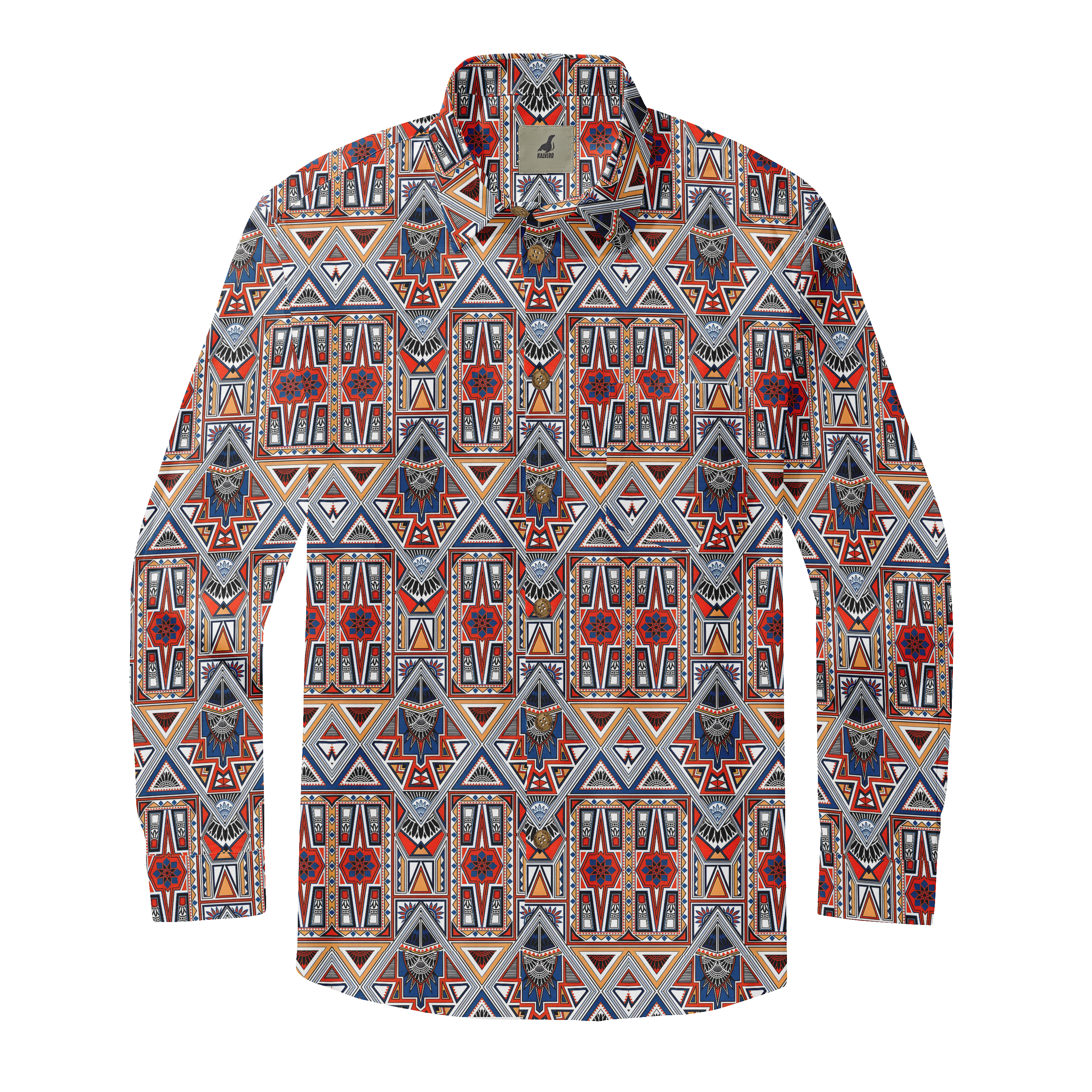 Vibrant patterned shirt with geometric and tribal designs in red.