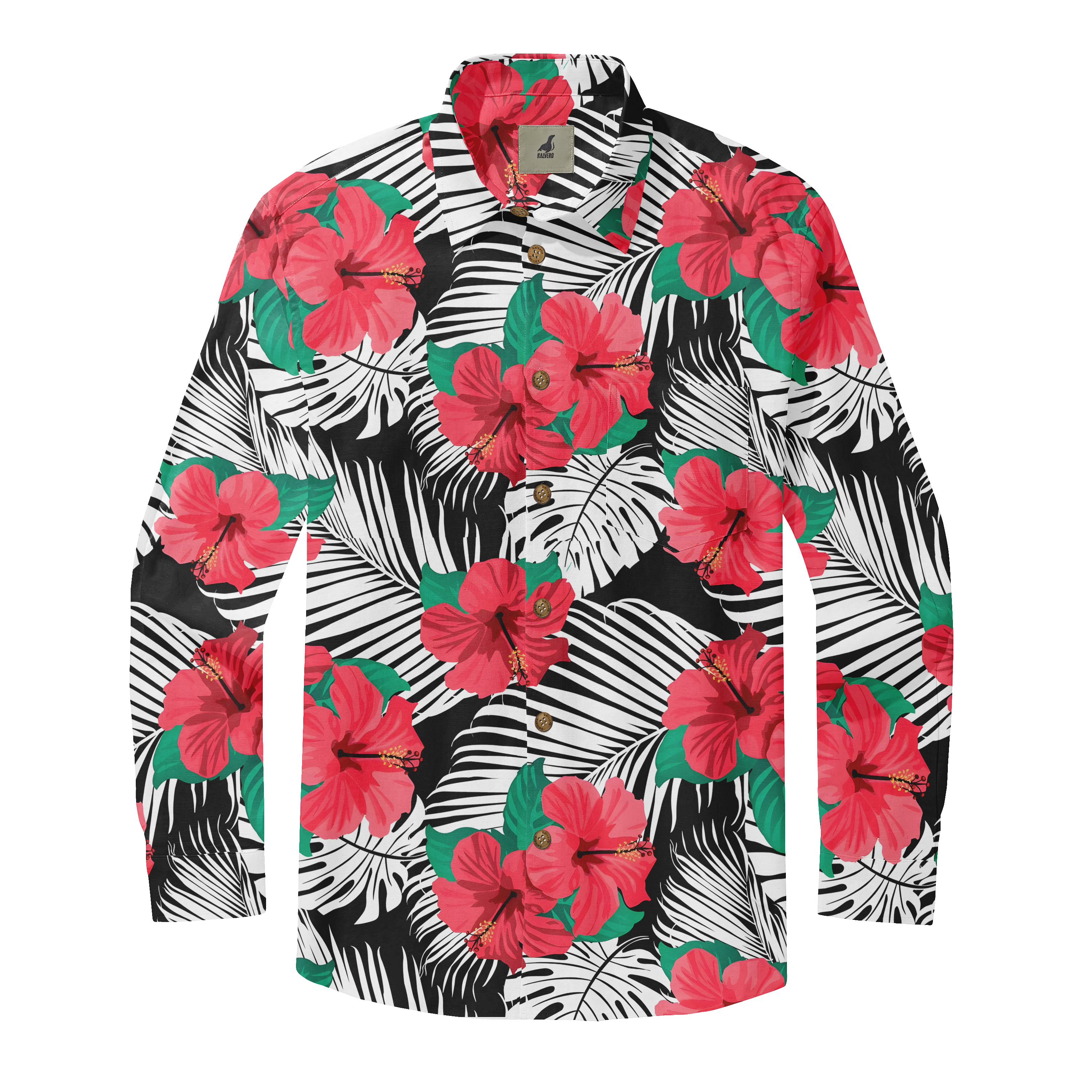 Vibrant floral shirt with red hibiscus and green leaves on a black.