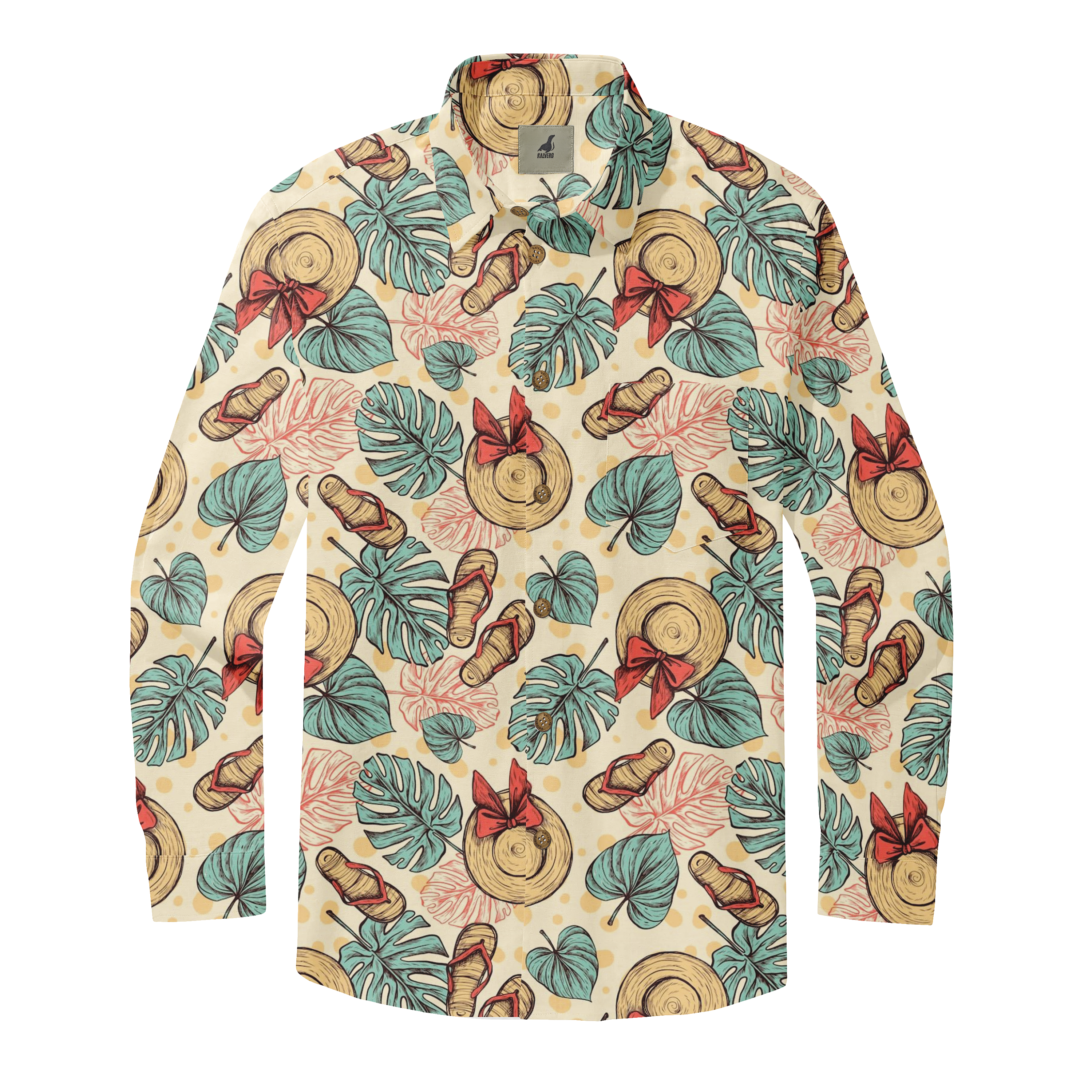 Tropical print shirt with straw hats, flip-flops, and leaves.