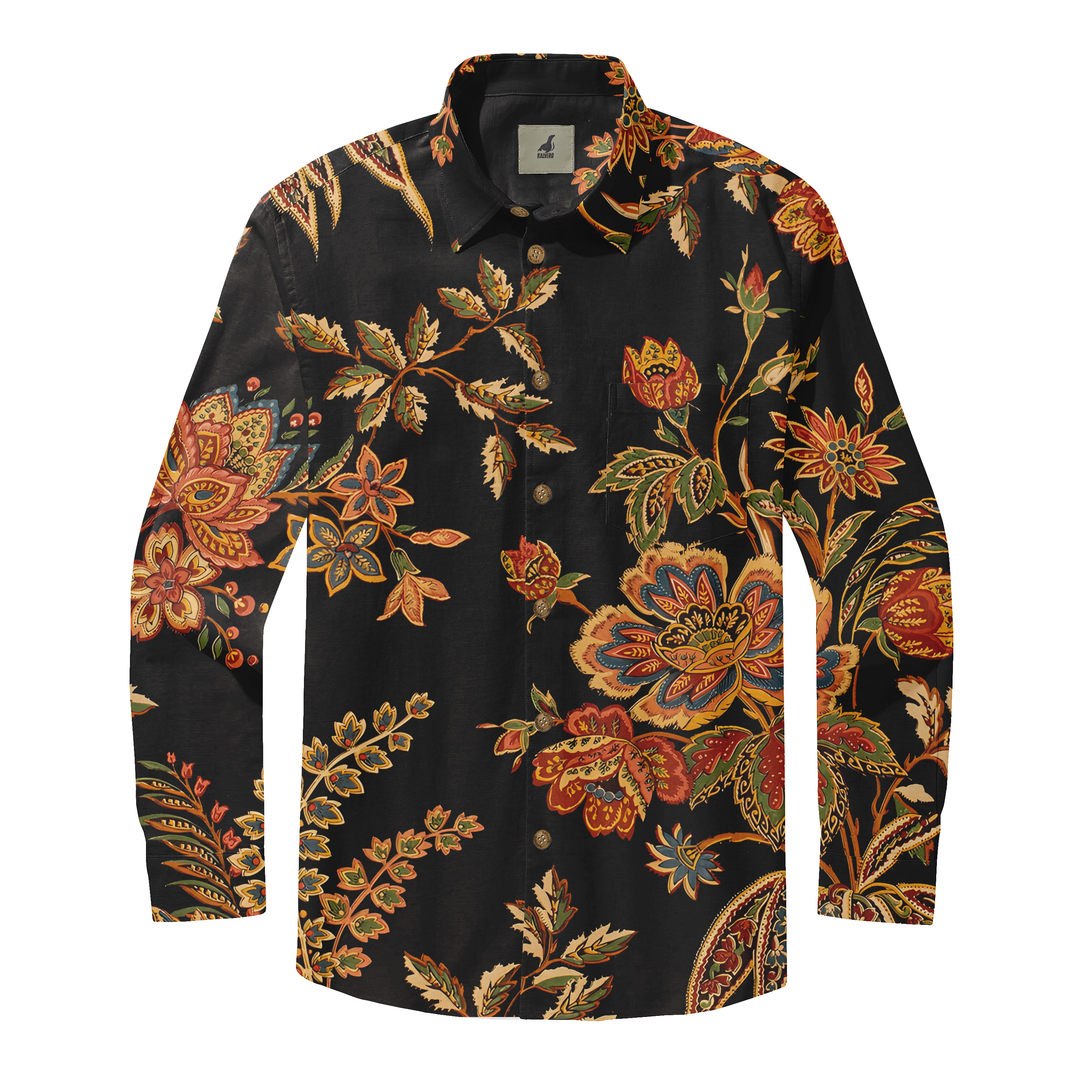 Black long-sleeve shirt with vibrant floral pattern in red, orange.