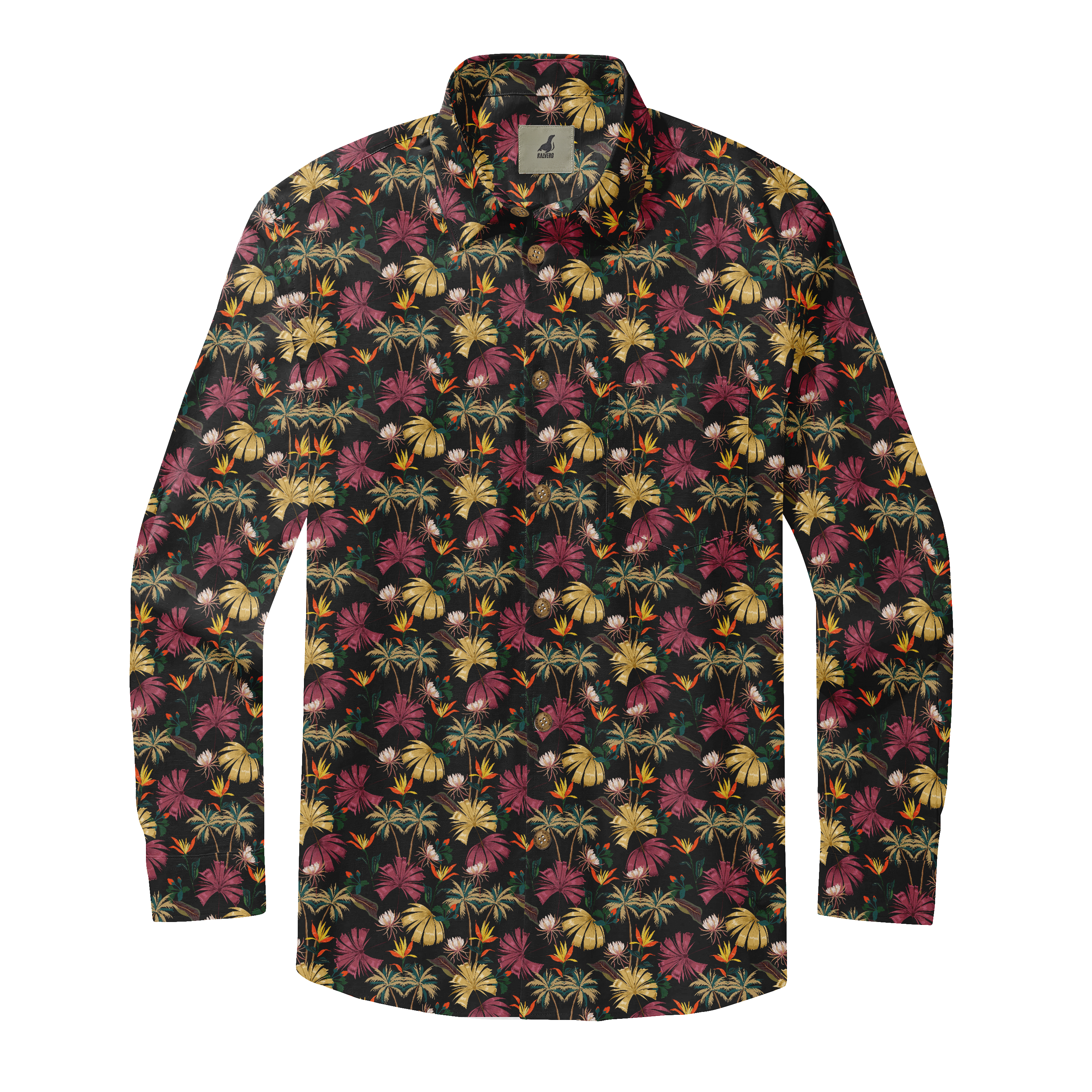 Black long-sleeve shirt with vibrant tropical floral pattern in pink.