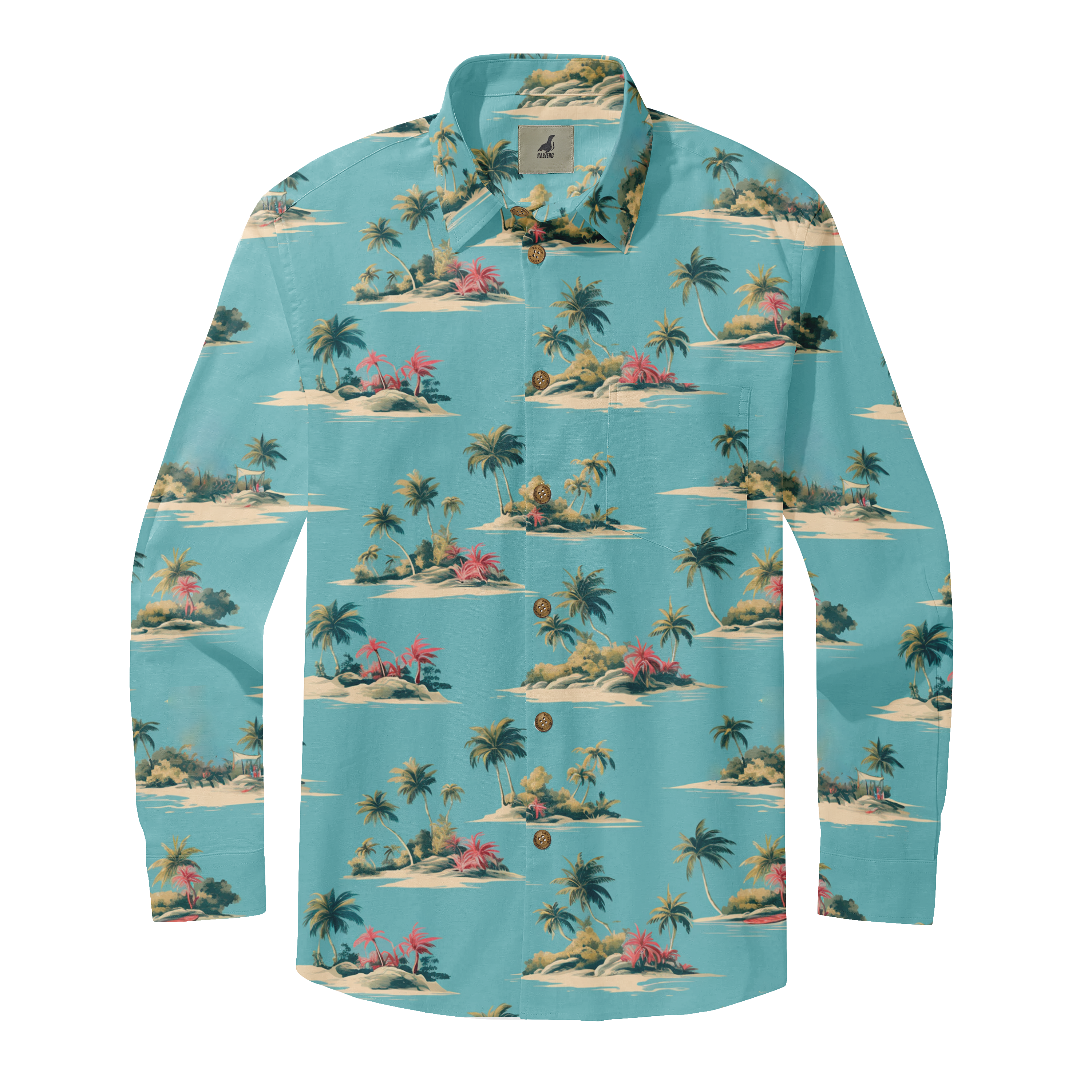 Tropical print long-sleeve shirt with palm trees, islands.