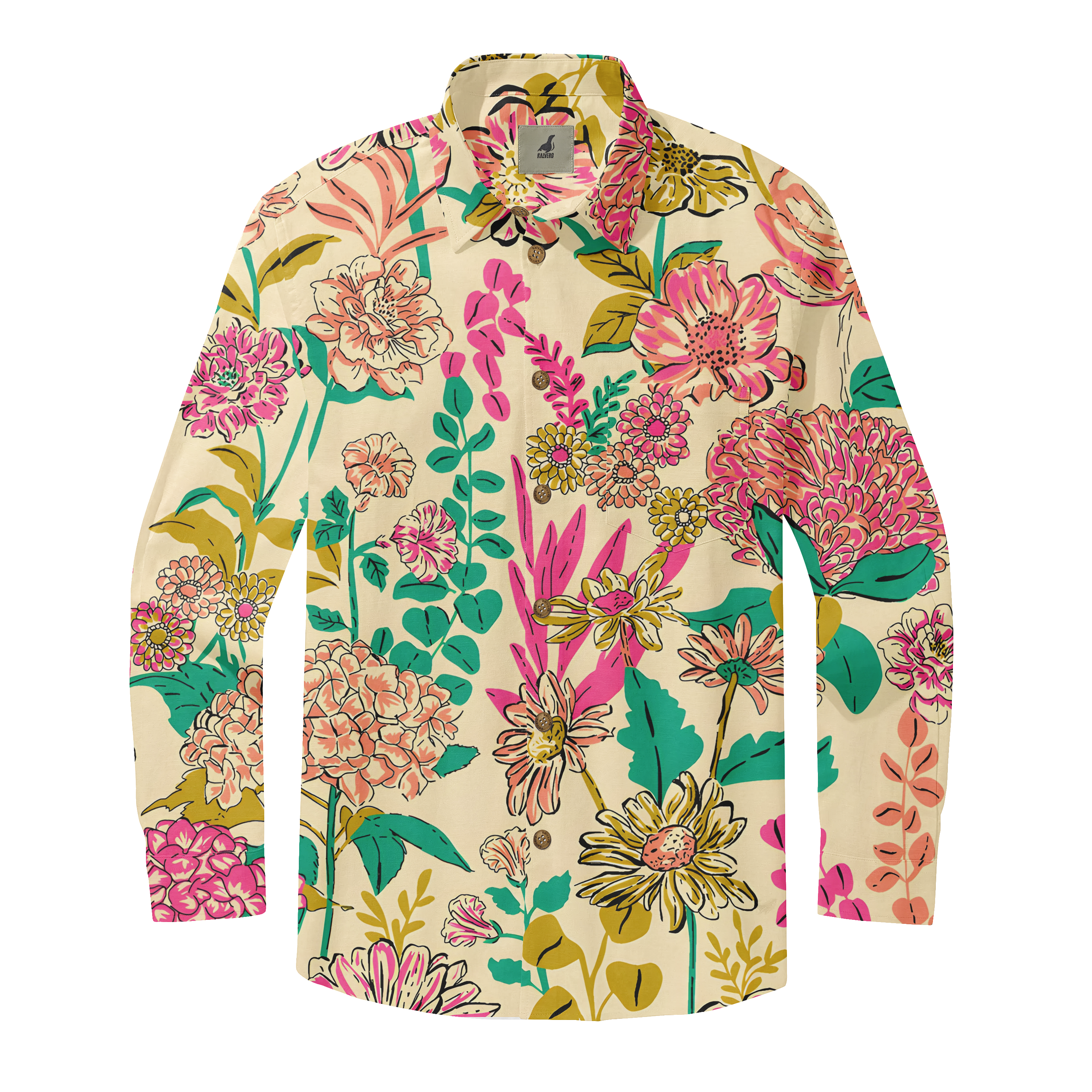 Vibrant floral long-sleeve shirt with pink, yellow, and green.