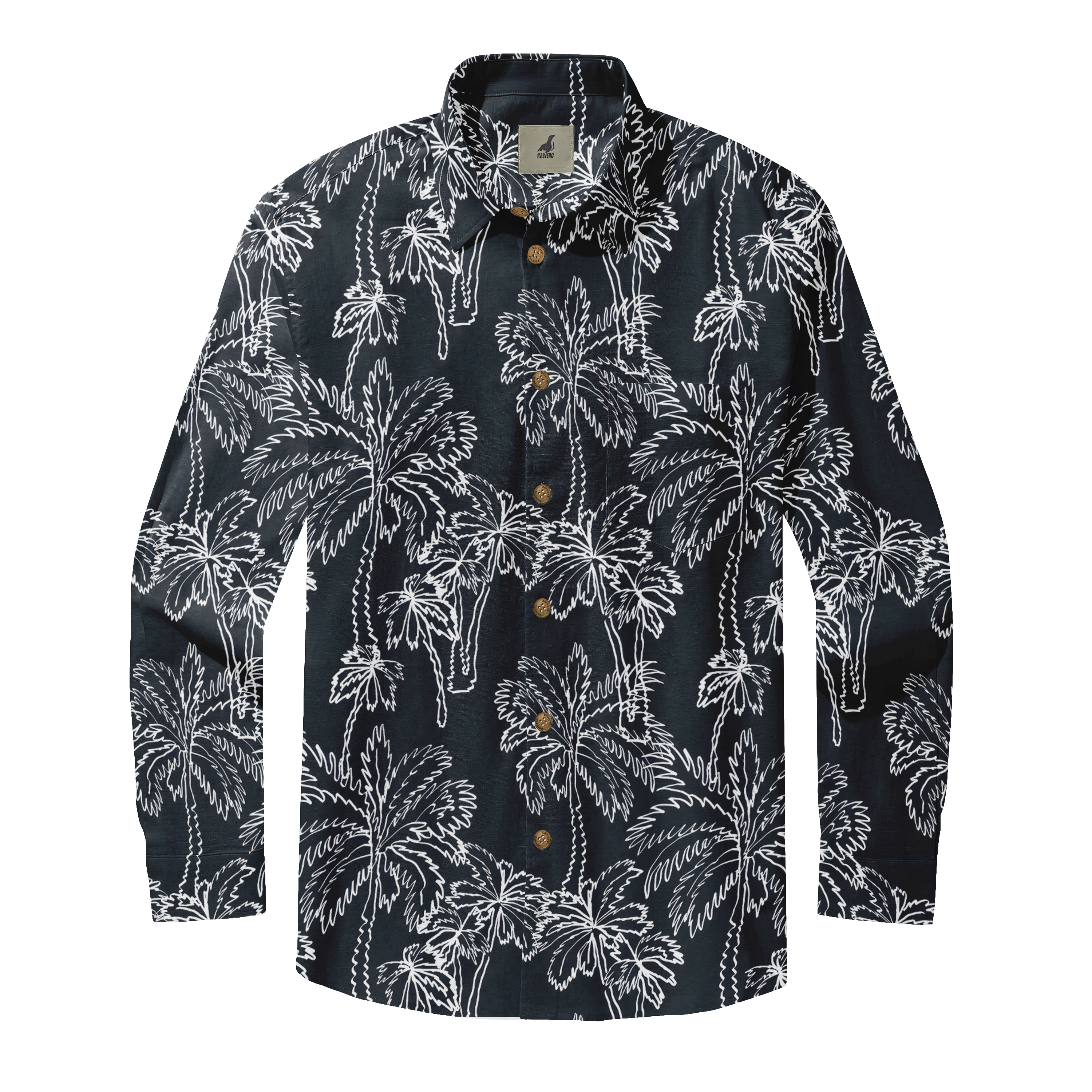 Black long-sleeve shirt with white palm tree print, button-down.