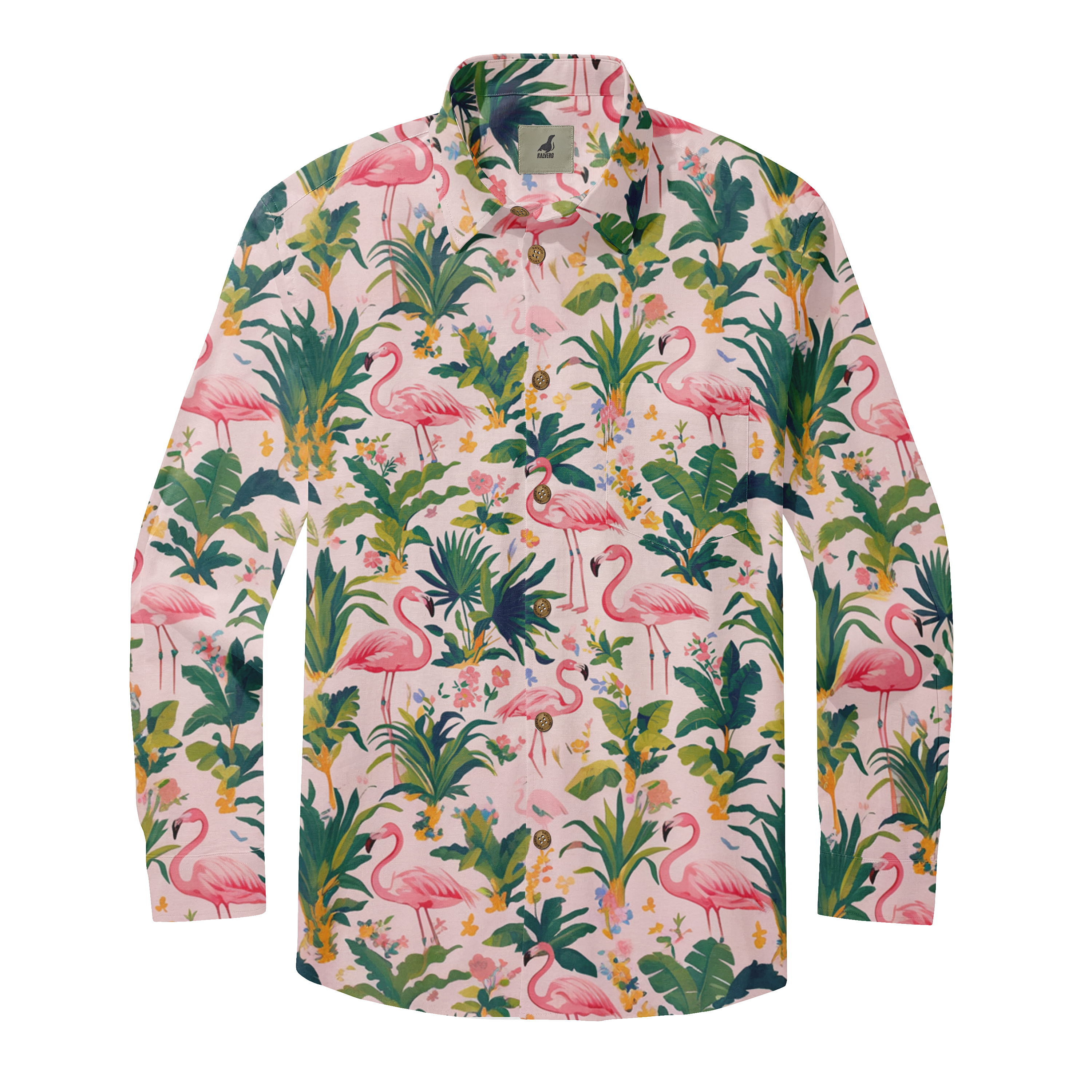 Pink flamingo and tropical leaf patterned long-sleeve shirt with.