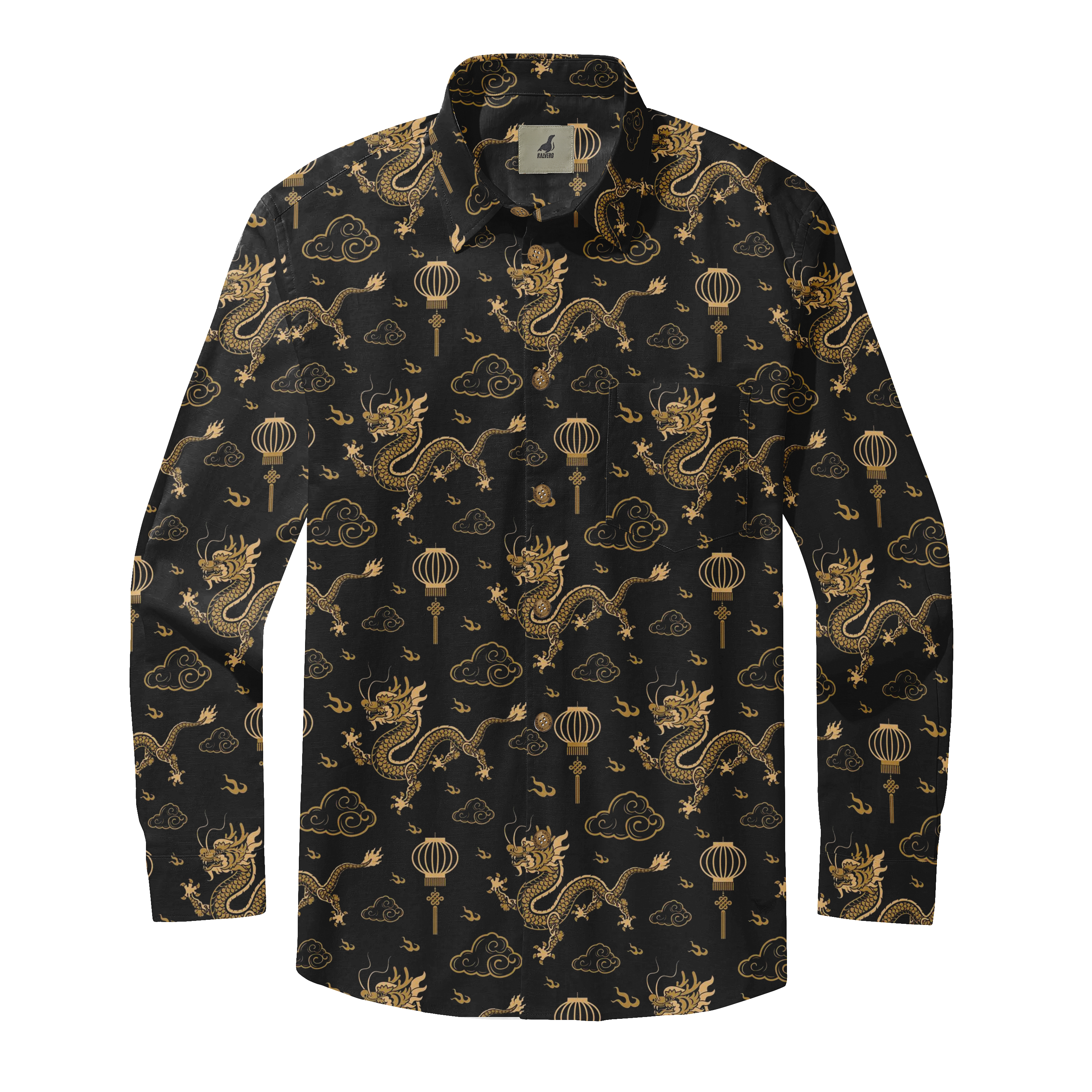 Black shirt with gold dragon, cloud, and lantern patterns.