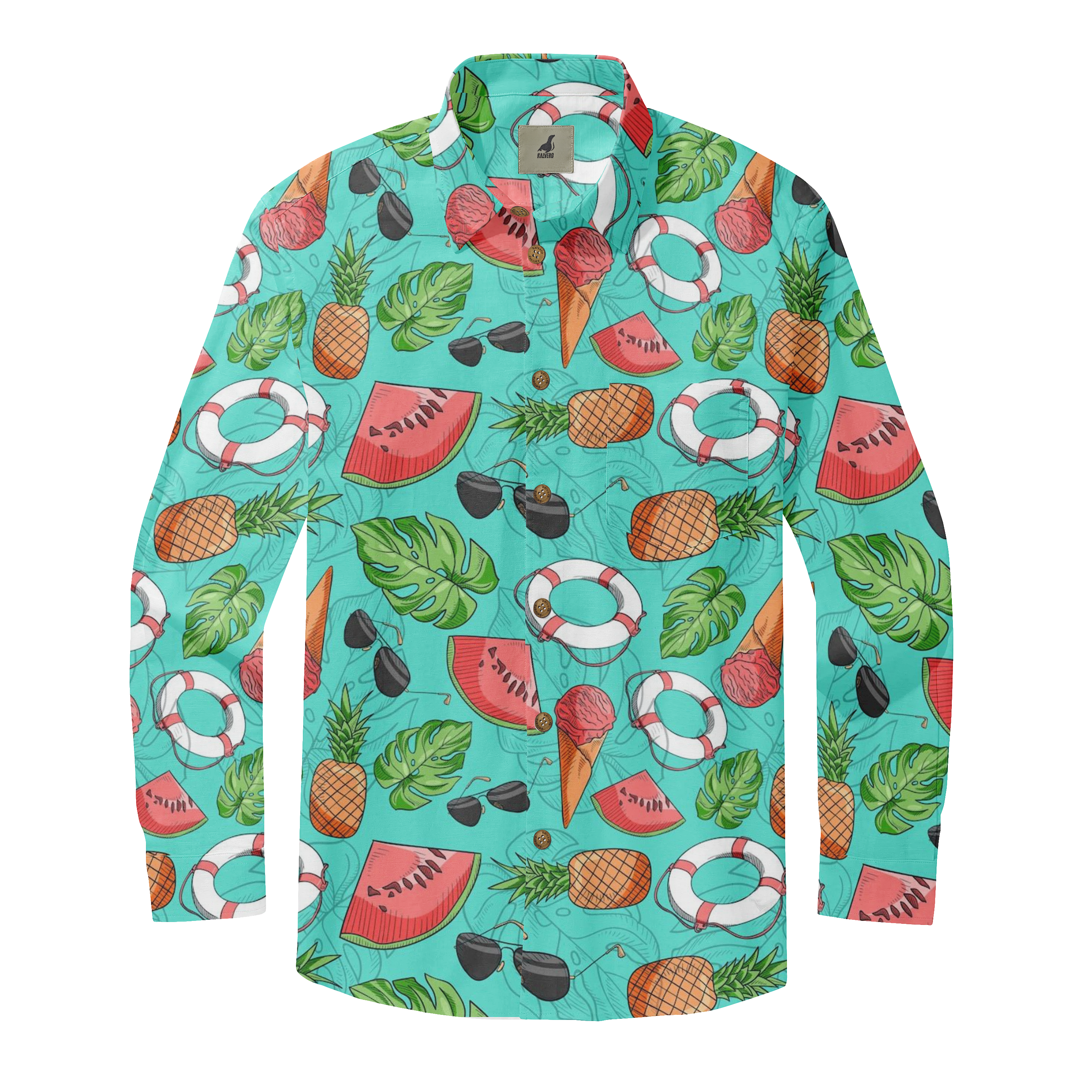 Vibrant turquoise shirt with tropical print featuring pineapples.