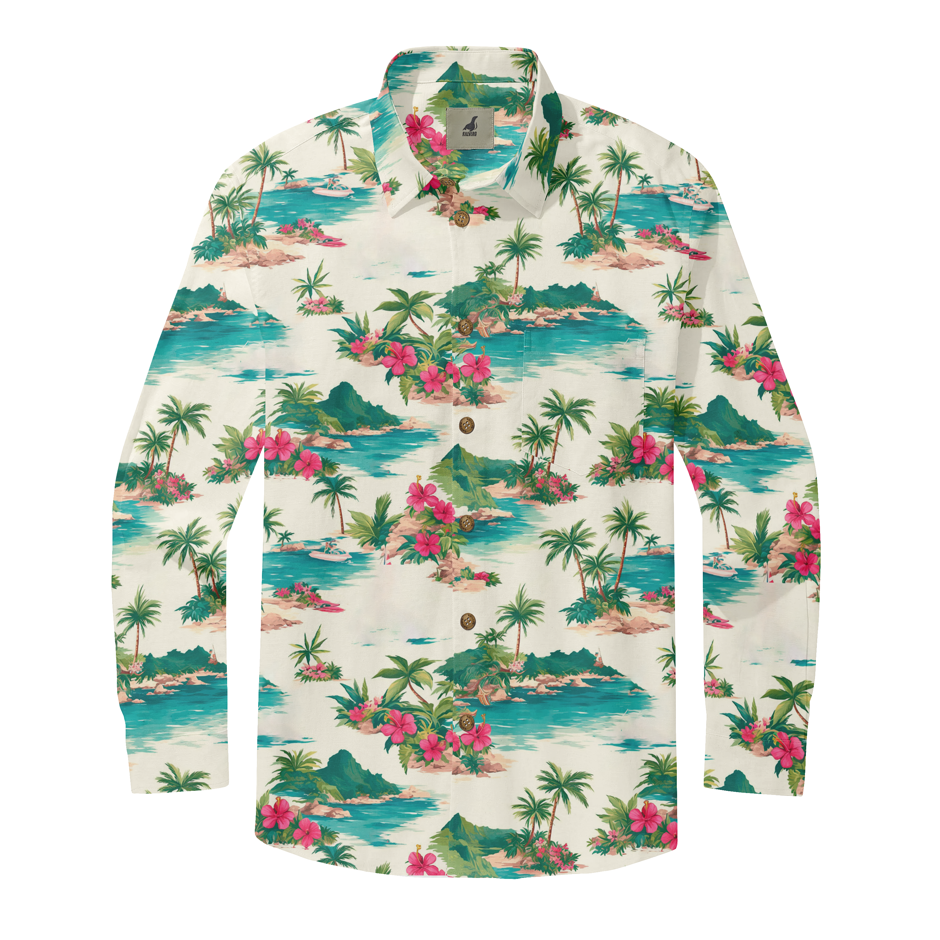 Tropical print long-sleeve shirt with palm trees, flowers.
