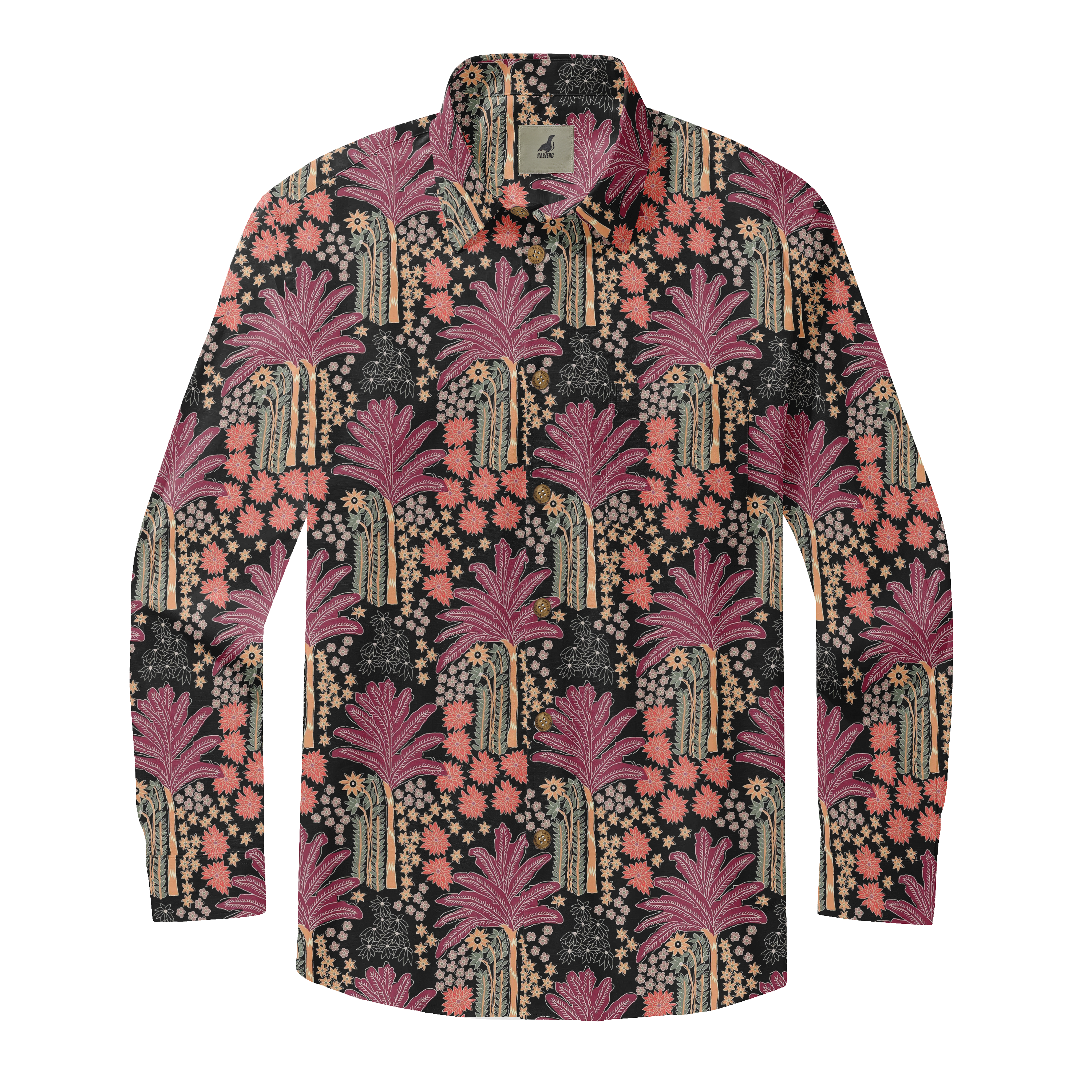 Black shirt with vibrant tropical palm tree and floral pattern.