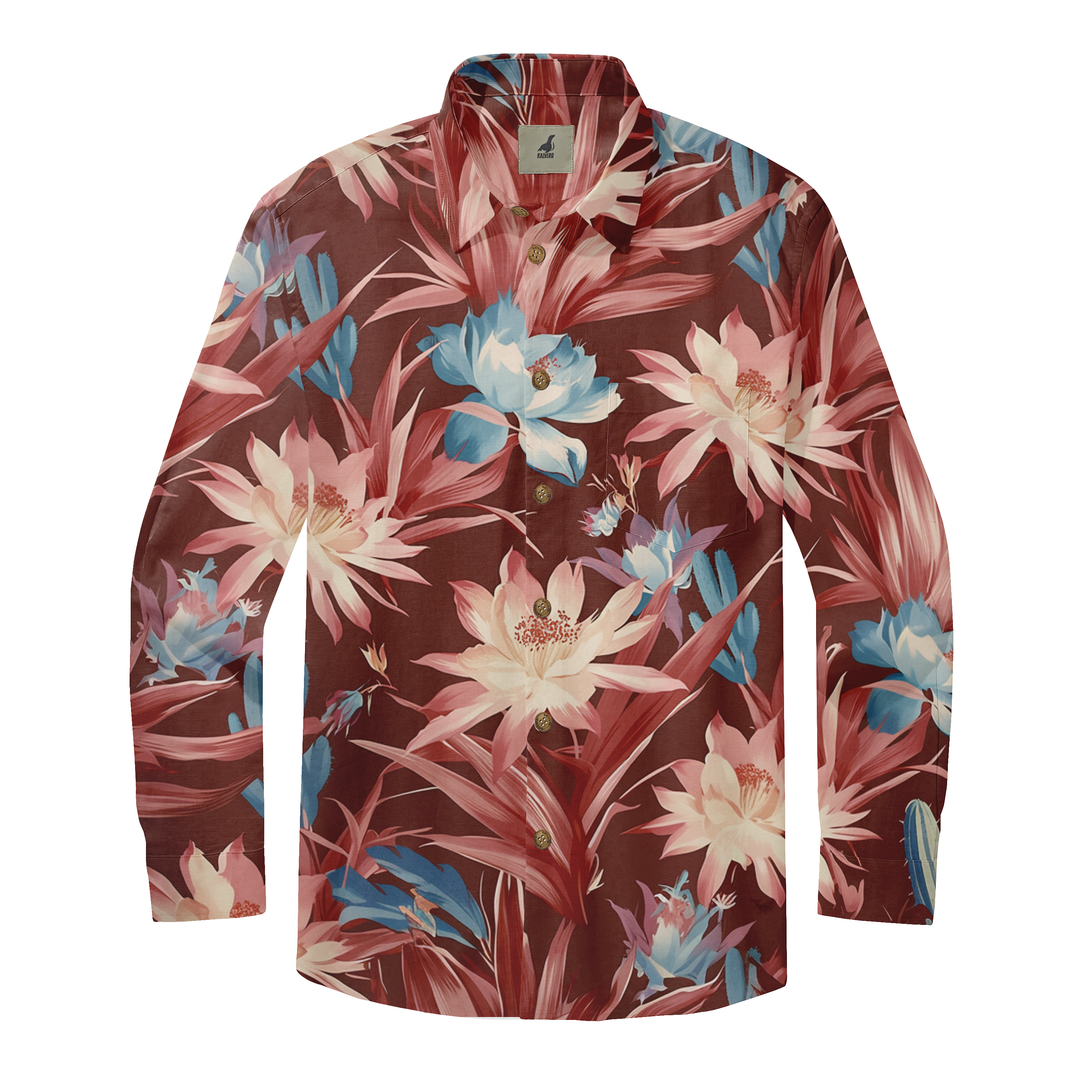 Long-sleeve floral shirt with vibrant pink, blue, and white flowers.