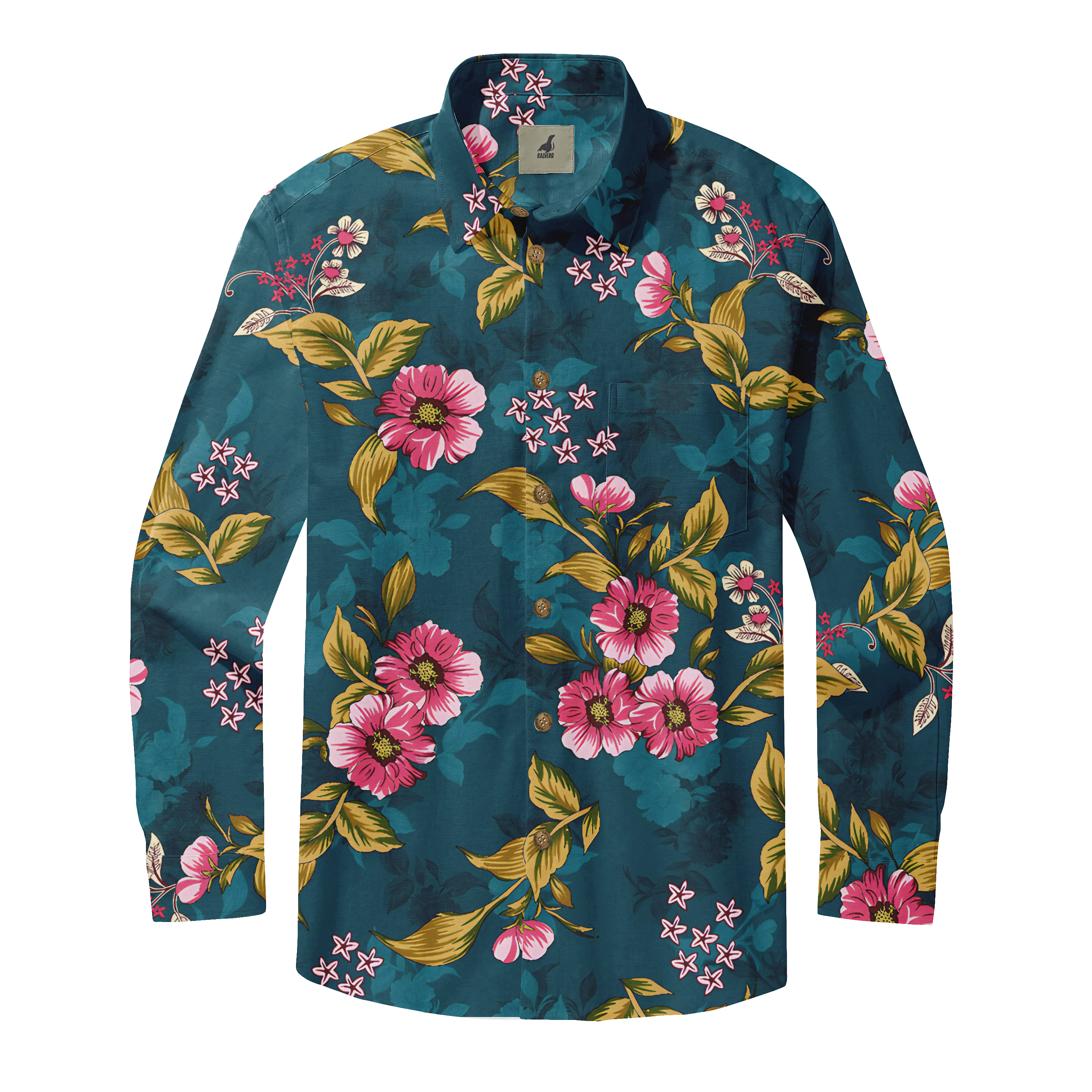 Teal long-sleeve shirt with pink floral and green leaf pattern.