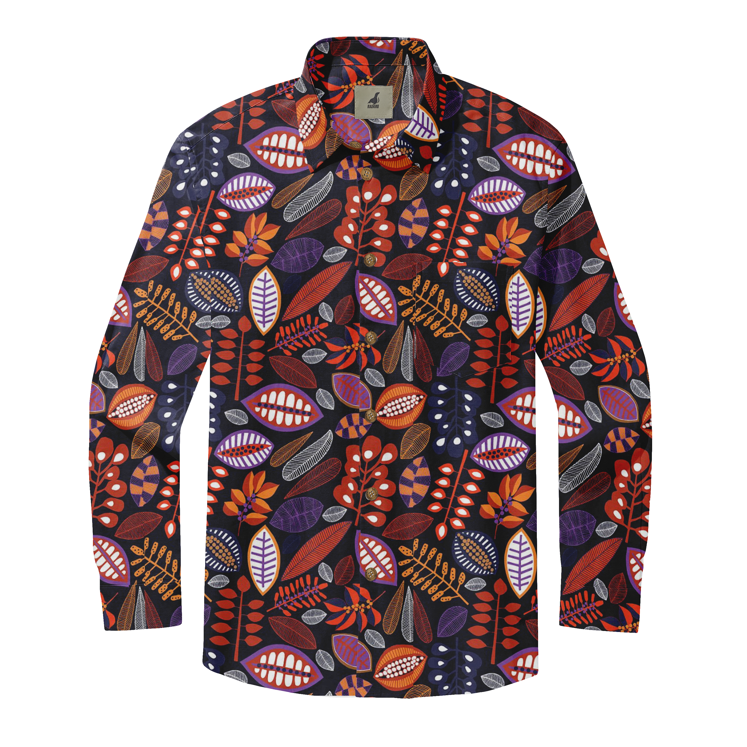 Vibrant patterned shirt with colorful leaves on dark background.