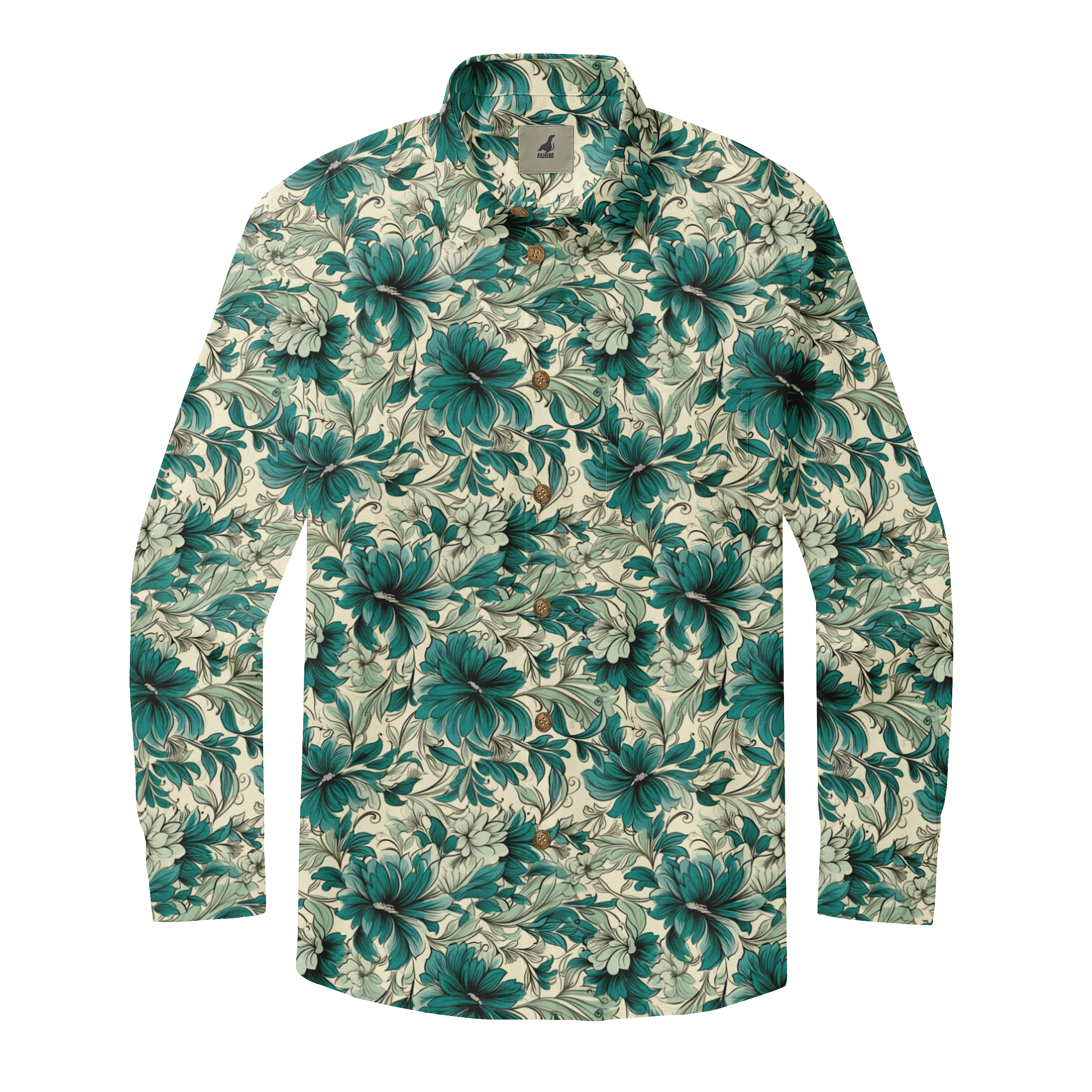 Floral long-sleeve shirt with teal and cream pattern, button-up.